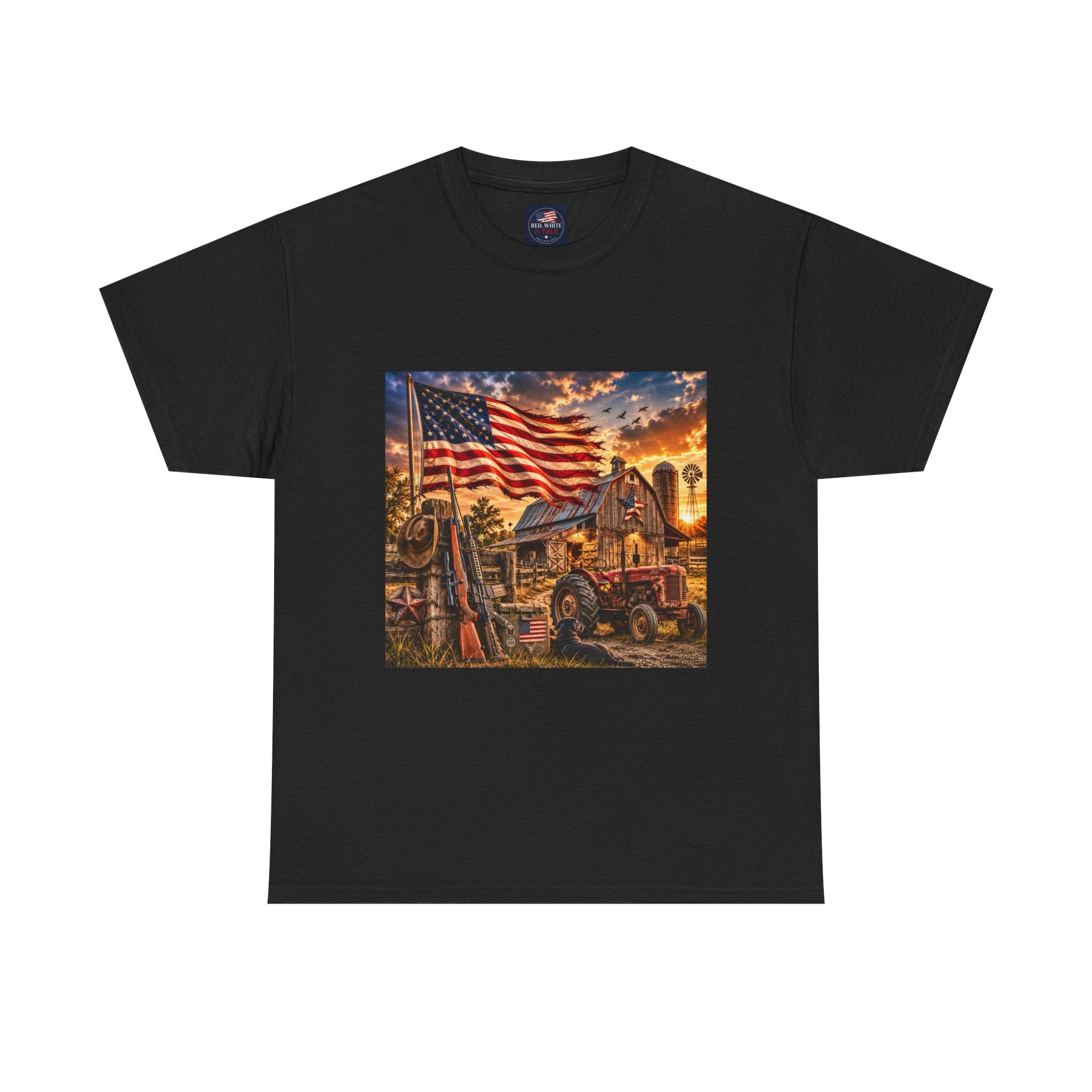 American Farm Sunset T-Shirt – Vintage Truck & Flag Rustic Patriotic Tee