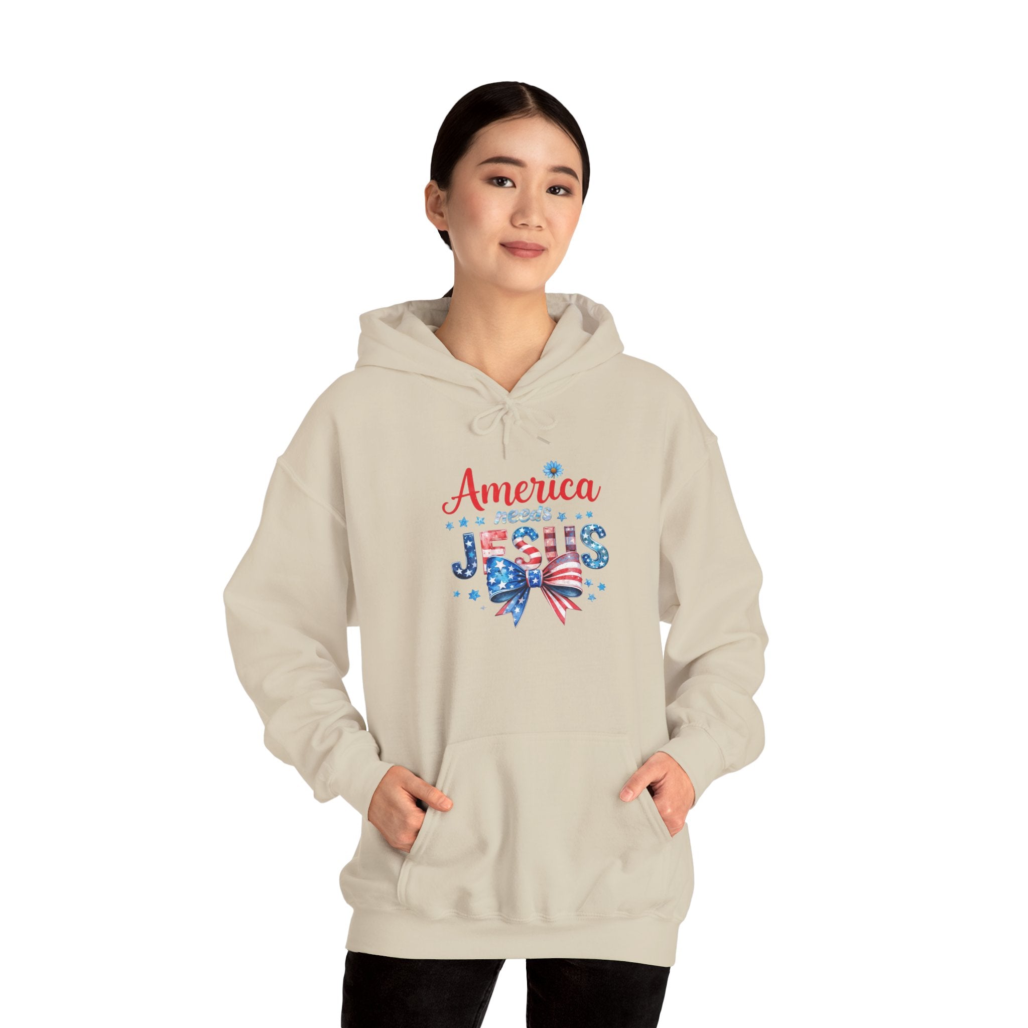 America Loves Jesus Patriotic Hoodie – Flag Bow Christian Sweatshirt