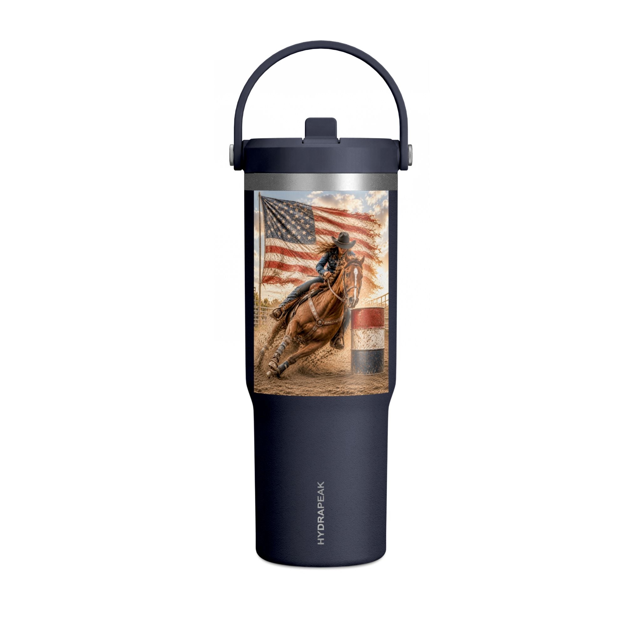 American Rodeo 32oz Tumbler – Horse Barrel Racing with Flag Design