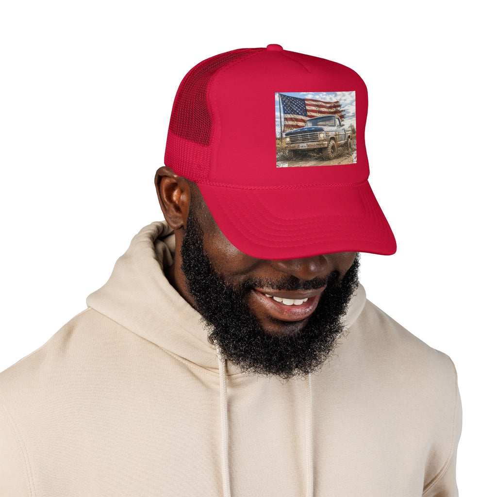 Patriotic Mud Truck Trucker Hat — American Flag Off-Road Foam Cap