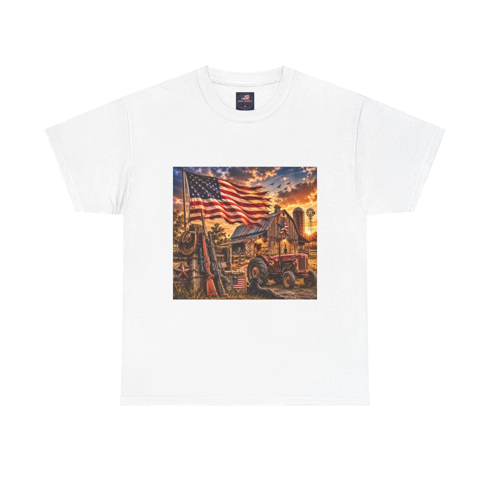 American Farm Sunset T-Shirt – Vintage Truck & Flag Rustic Patriotic Tee