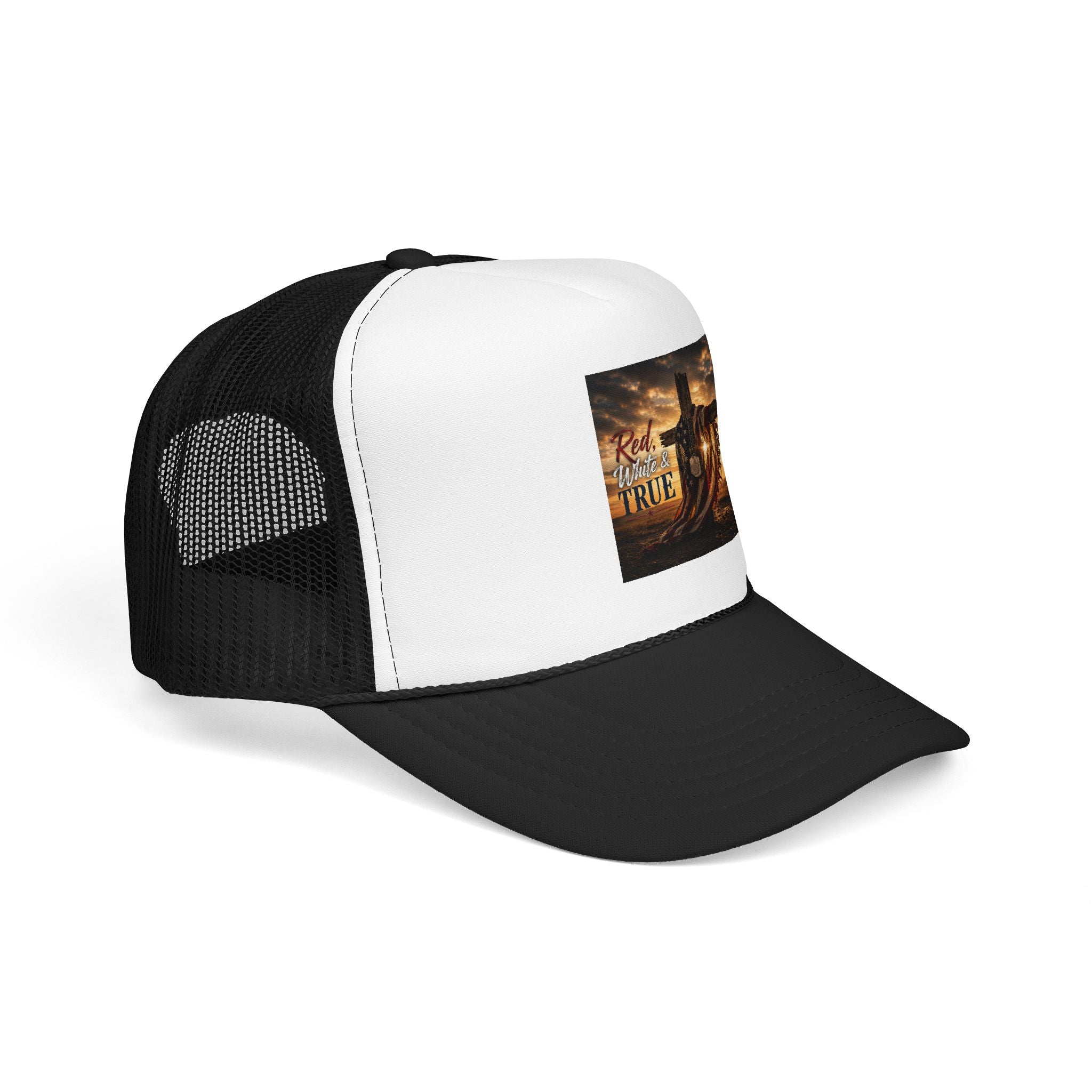 Trucker Hat — "God Made A Farmer" Cross Sunset Foam Trucker Hat