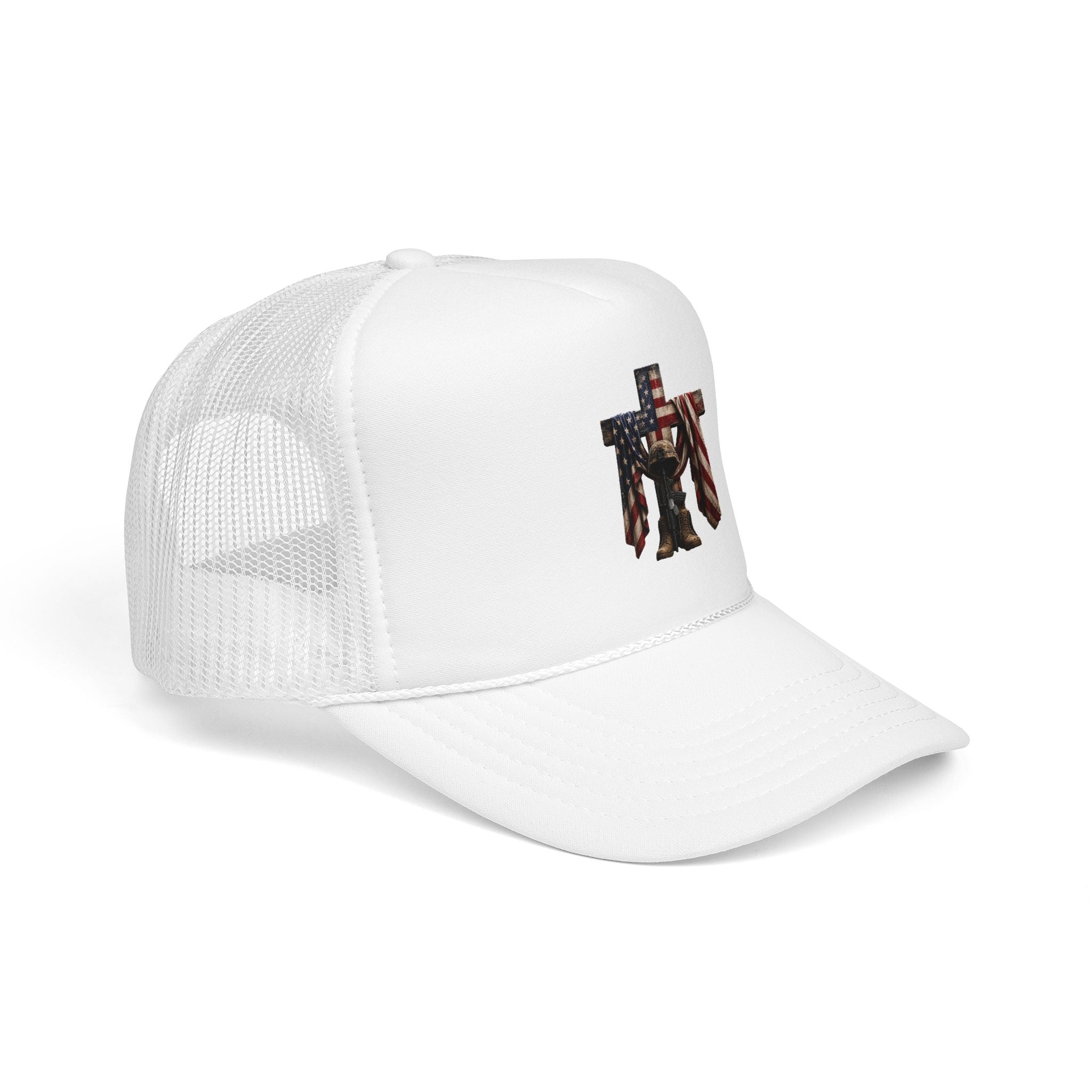 Trucker Hat — American Flag Cross with Soldier Memorial Design