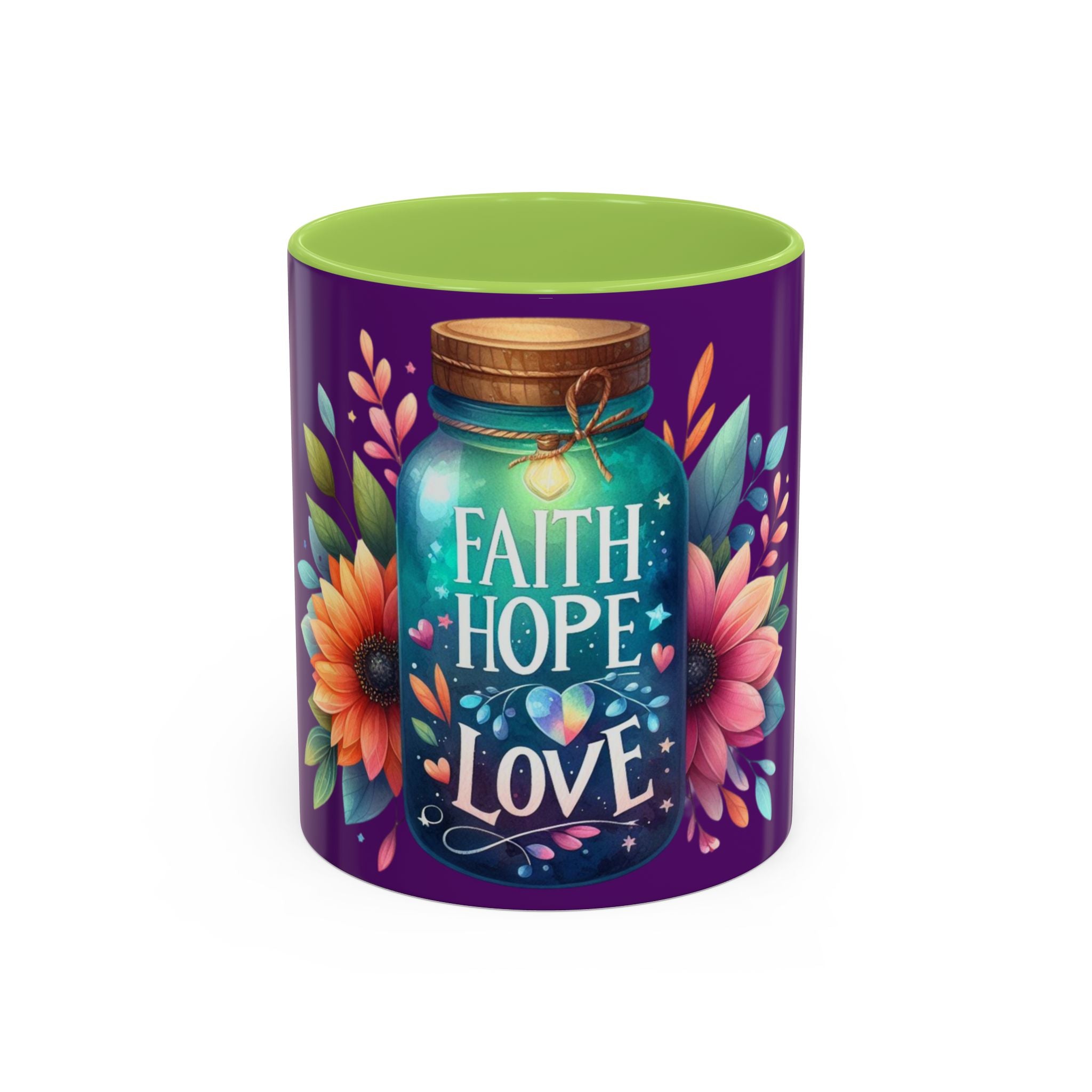 Faith Hope Love Accent Coffee Mug — Floral Jar Design (11/15 oz)