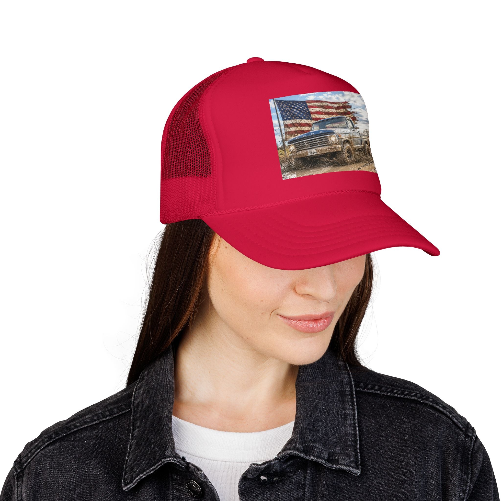 Patriotic Mud Truck Trucker Hat — American Flag Off-Road Foam Cap