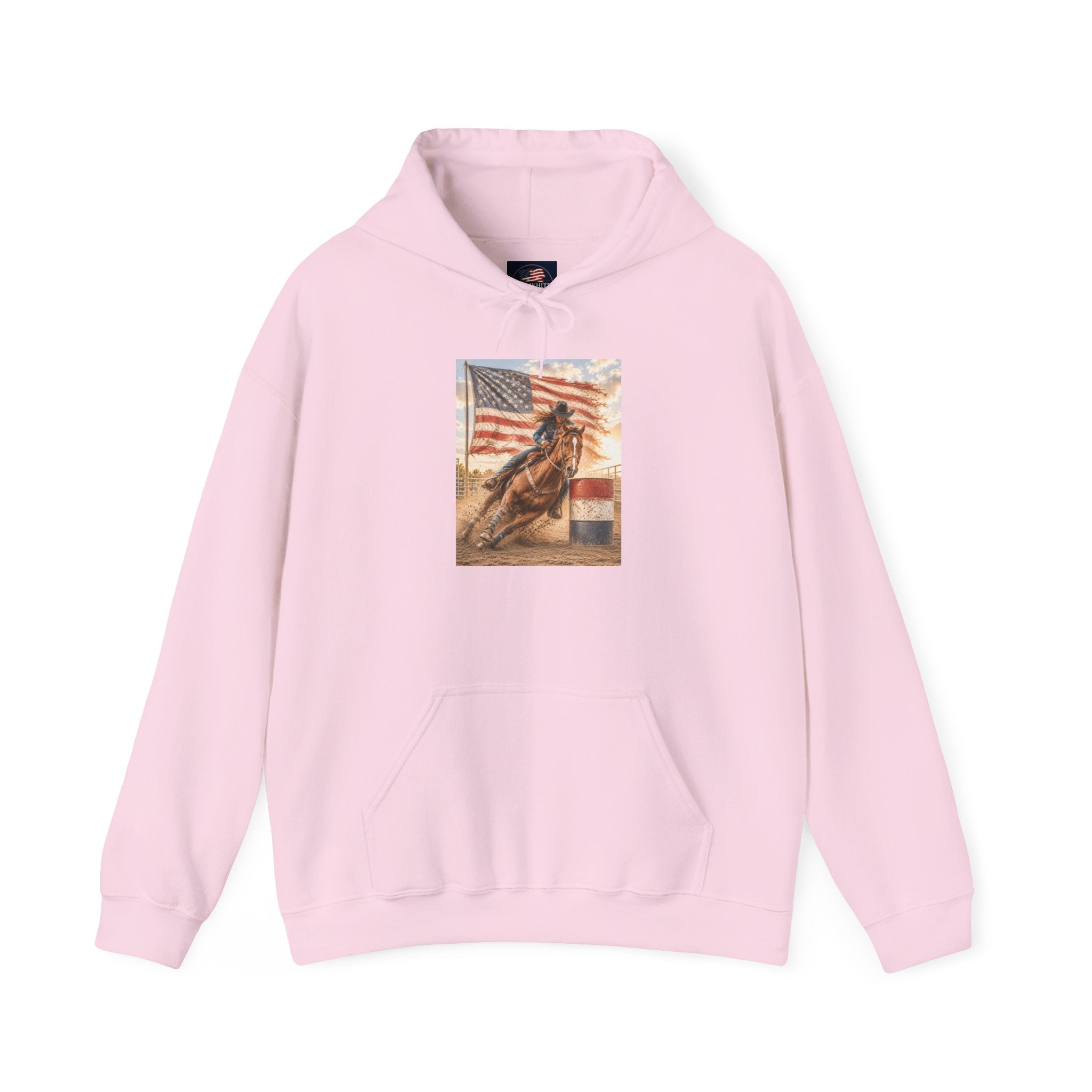 Patriotic Rodeo Horse Hoodie – American Flag Cowboy Pulled by Horse Pullover
