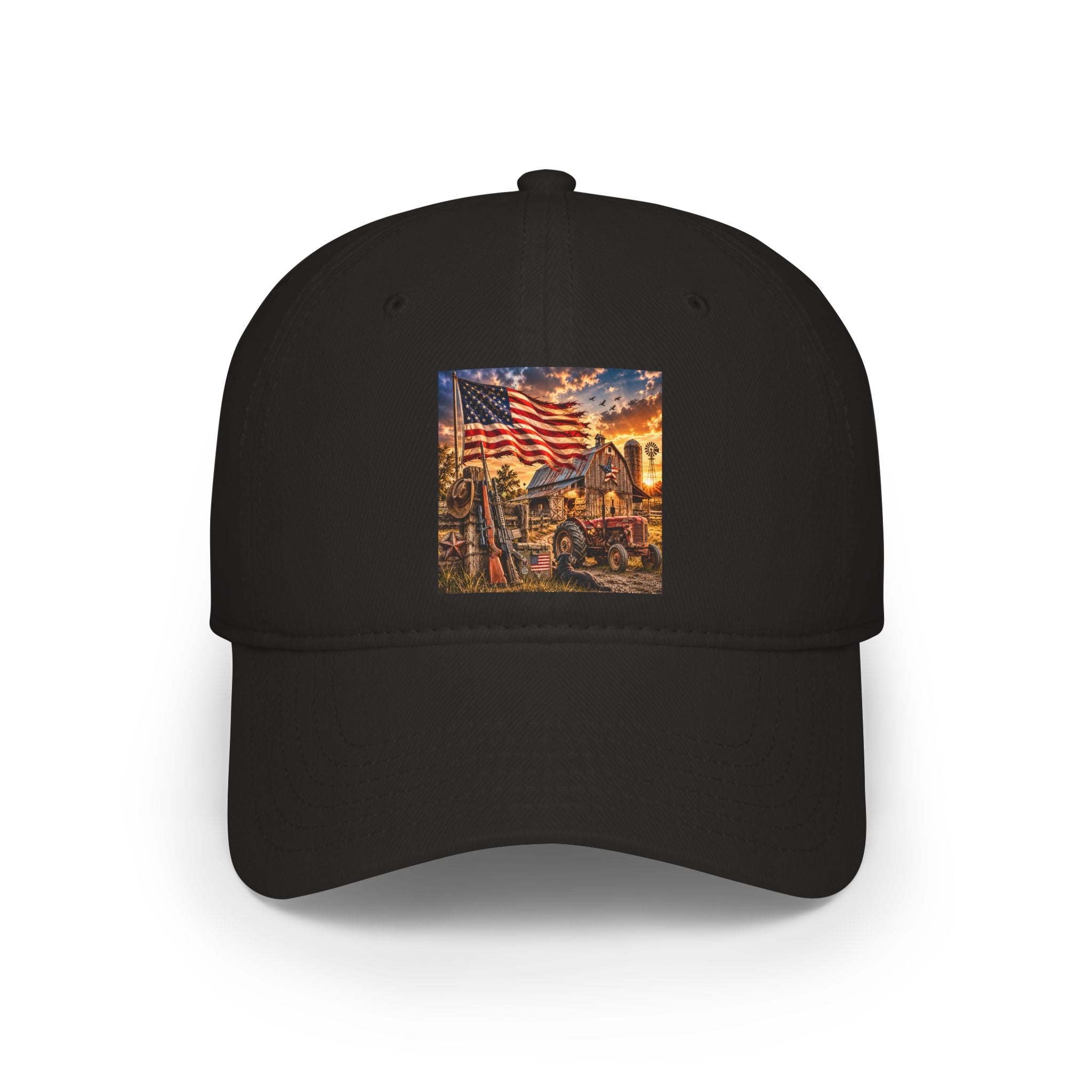 Patriotic Firefighter Scene Baseball Cap — American Flag Firefighter Tribute Hat