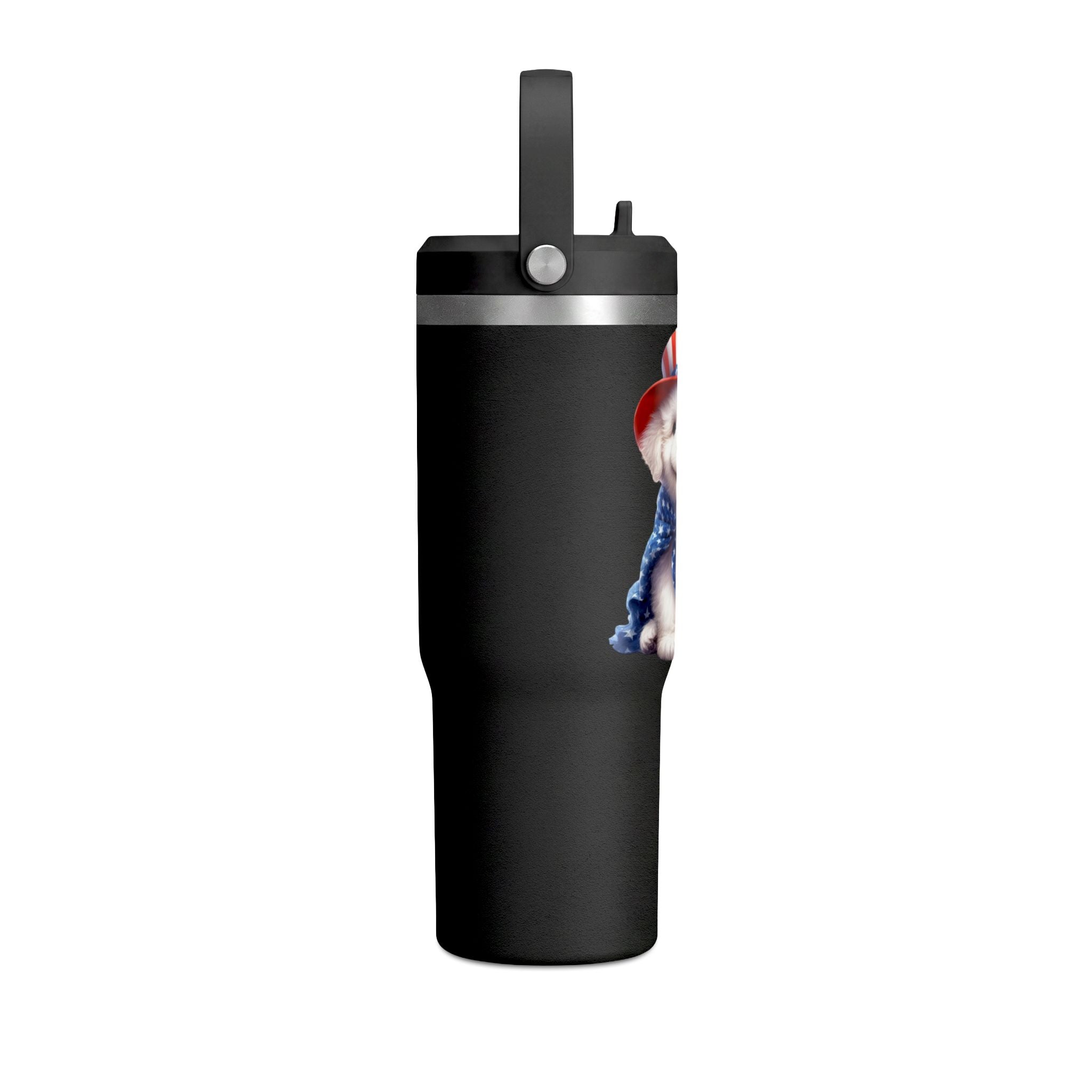 Patriotic Pup Tumbler — 32oz Insulated Travel Cup with American Flag Dog Design