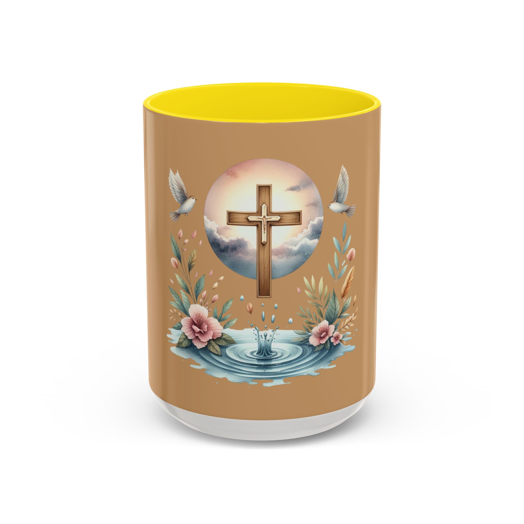 Christian Cross Accent Coffee Mug — Faith, Doves & Floral Baptism Gift (11/15oz)