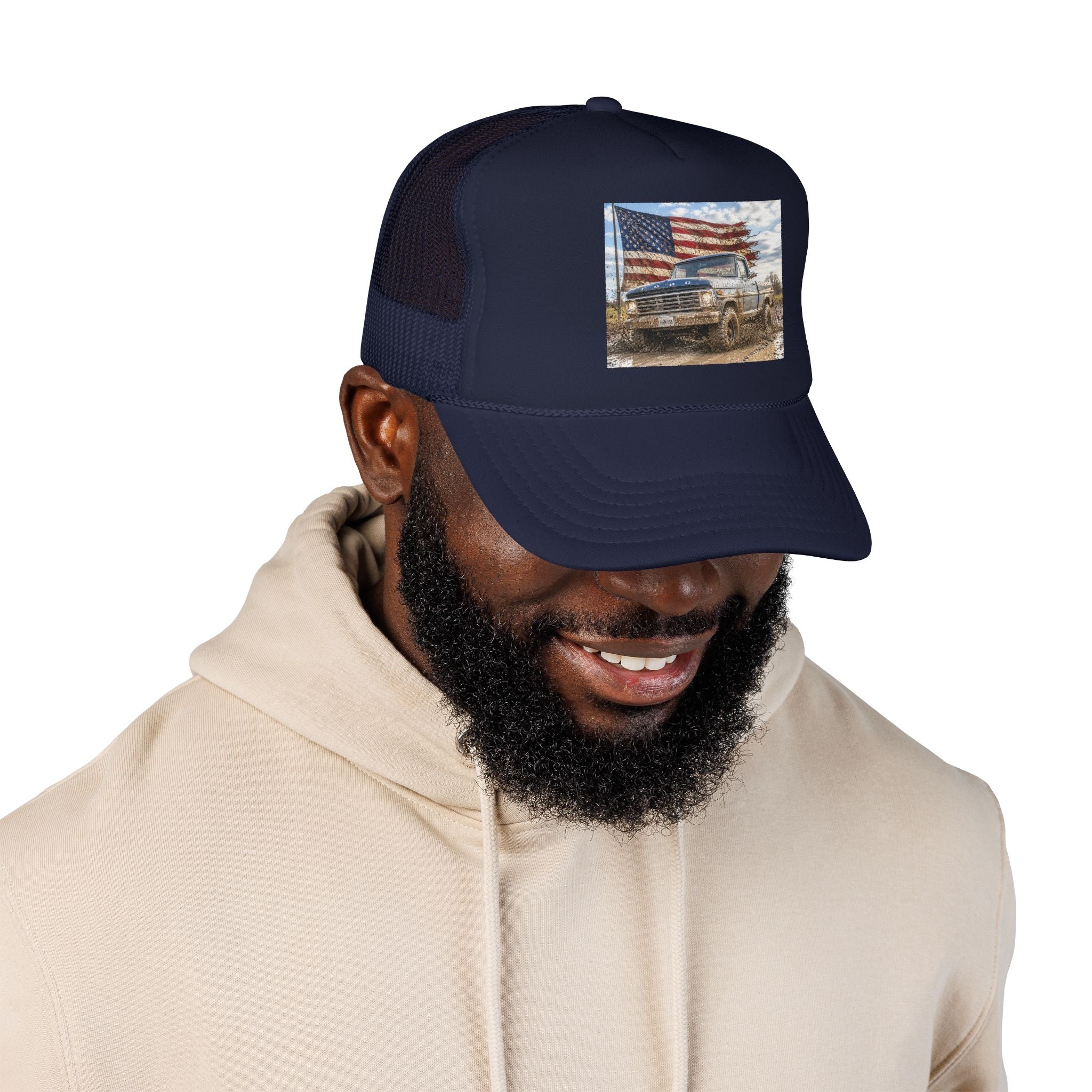 Patriotic Mud Truck Trucker Hat — American Flag Off-Road Foam Cap