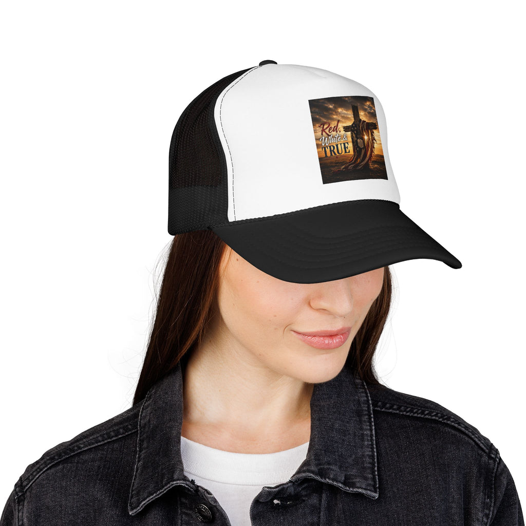Trucker Hat — "God Made A Farmer" Cross Sunset Foam Trucker Hat
