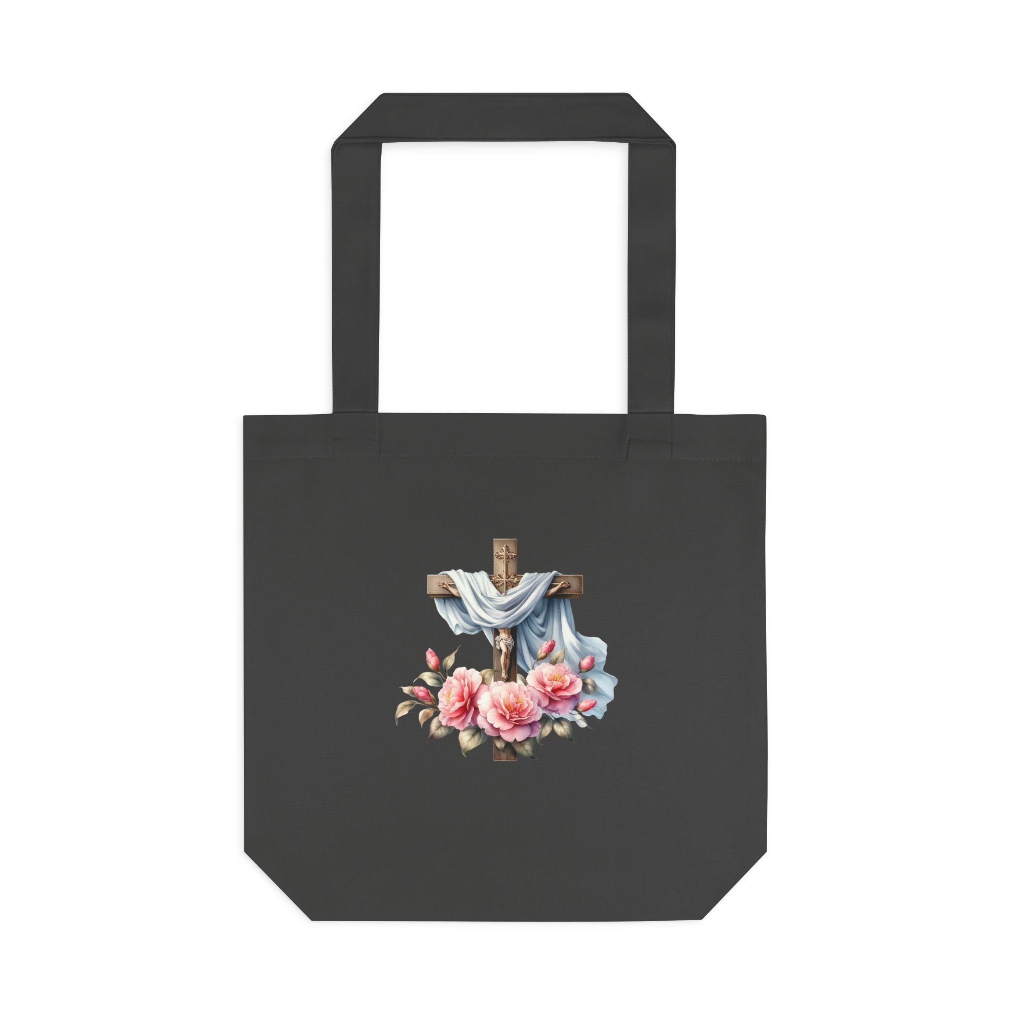 Religious Cross & Roses Cotton Tote Bag — Faith Floral Market Bag