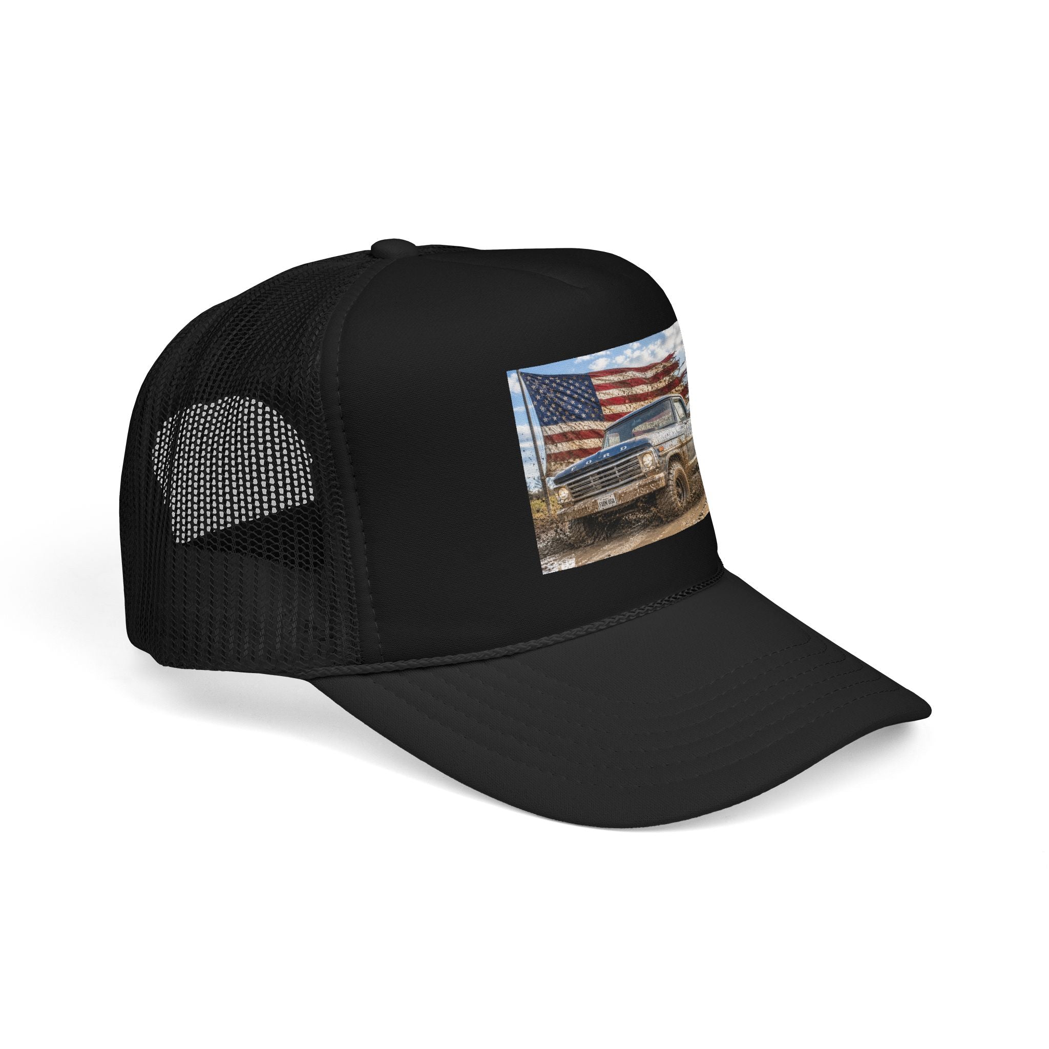 Patriotic Mud Truck Trucker Hat — American Flag Off-Road Foam Cap