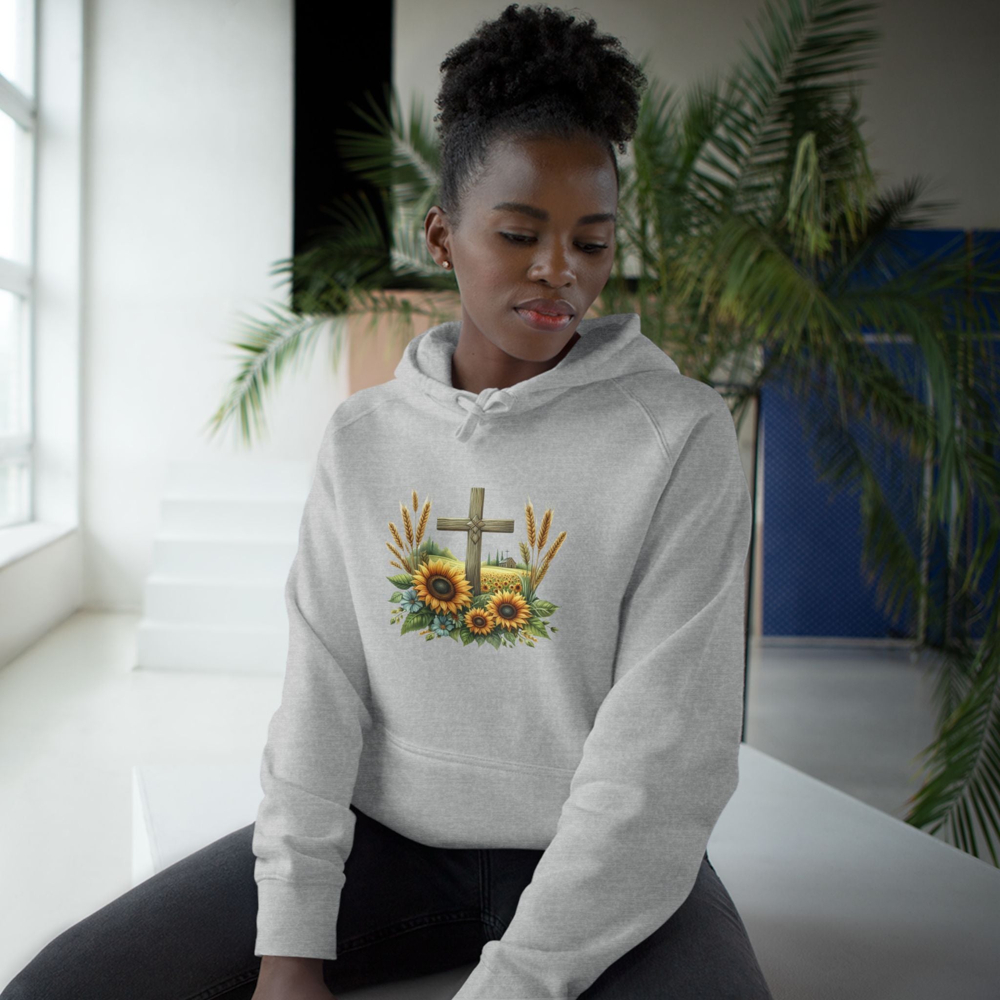 Sunflower Cross Hoodie — Christian Faith Floral Pullover