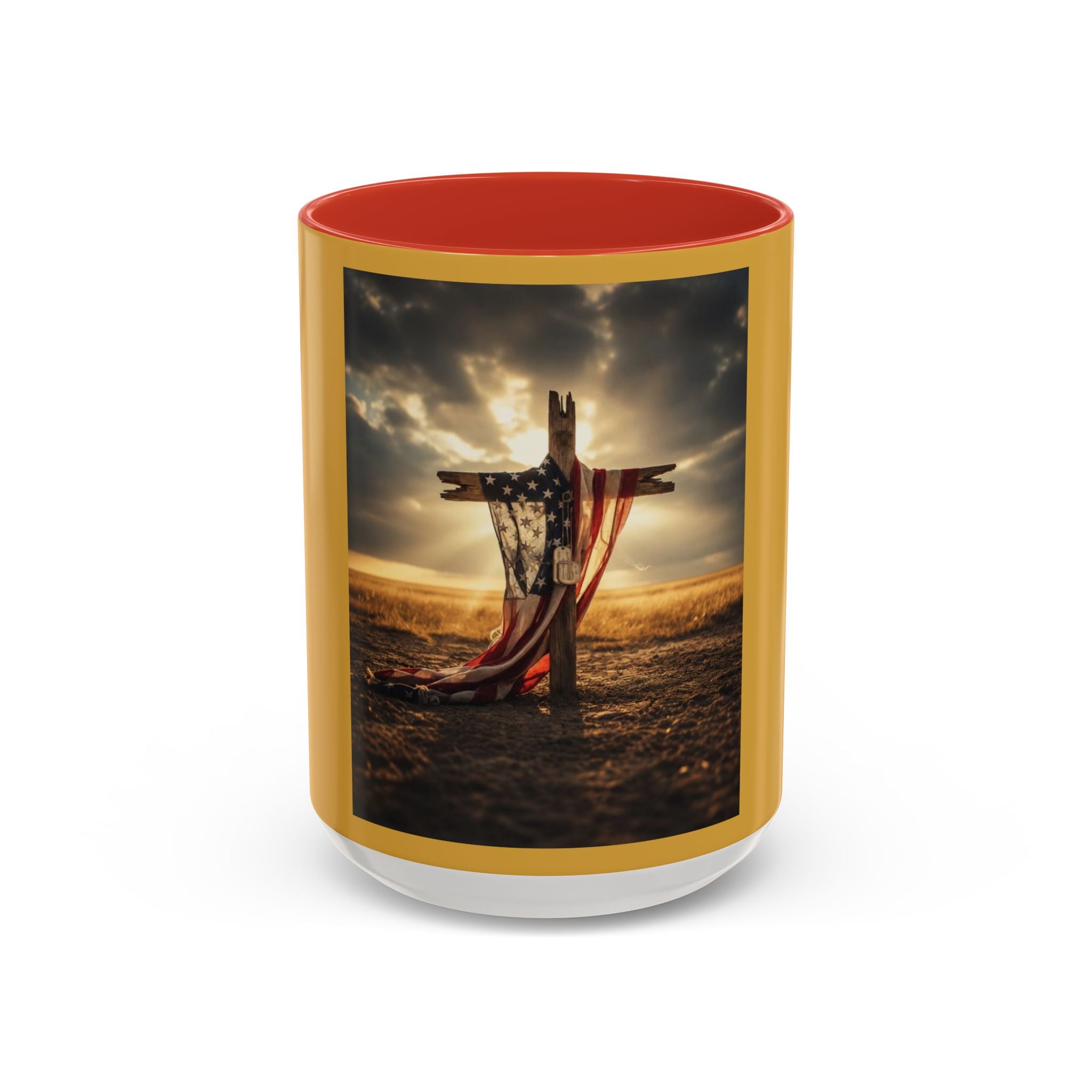 Patriotic Cross Coffee Mug — American Flag Sunrise Accent Mug (11/15oz)