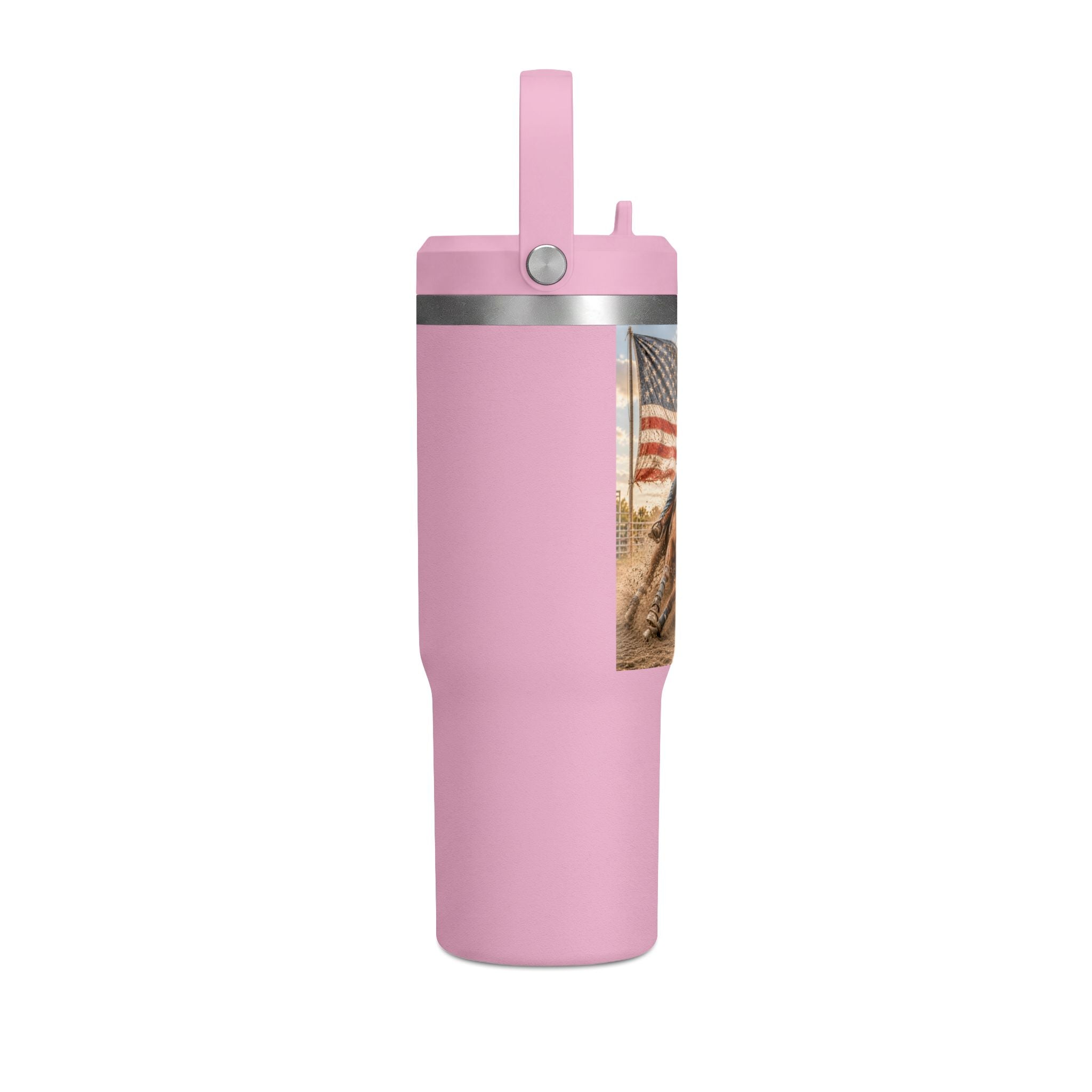 American Rodeo 32oz Tumbler – Horse Barrel Racing with Flag Design