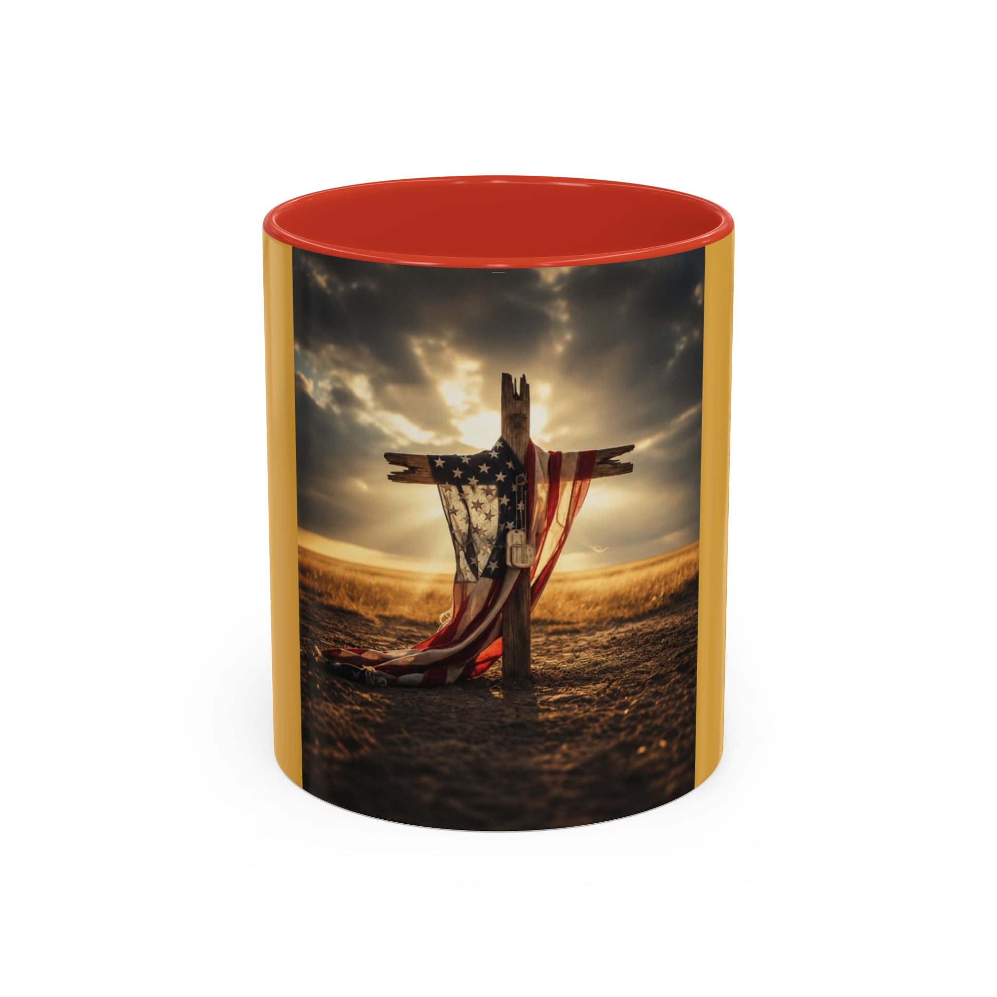 Patriotic Cross Coffee Mug — American Flag Sunrise Accent Mug (11/15oz)