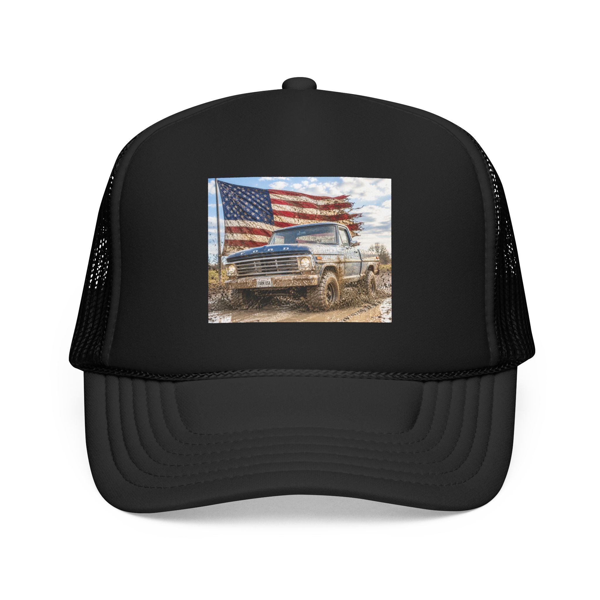 Patriotic Mud Truck Trucker Hat — American Flag Off-Road Foam Cap