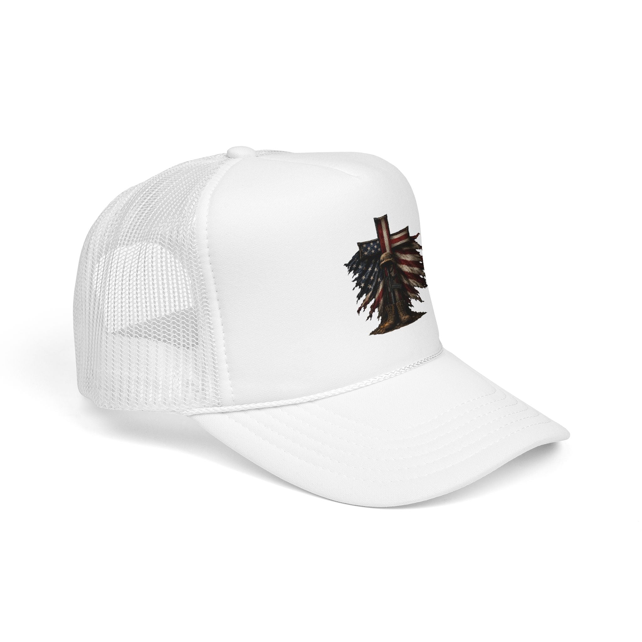 Patriotic Cross Trucker Hat — American Flag Feather Cross Foam Cap