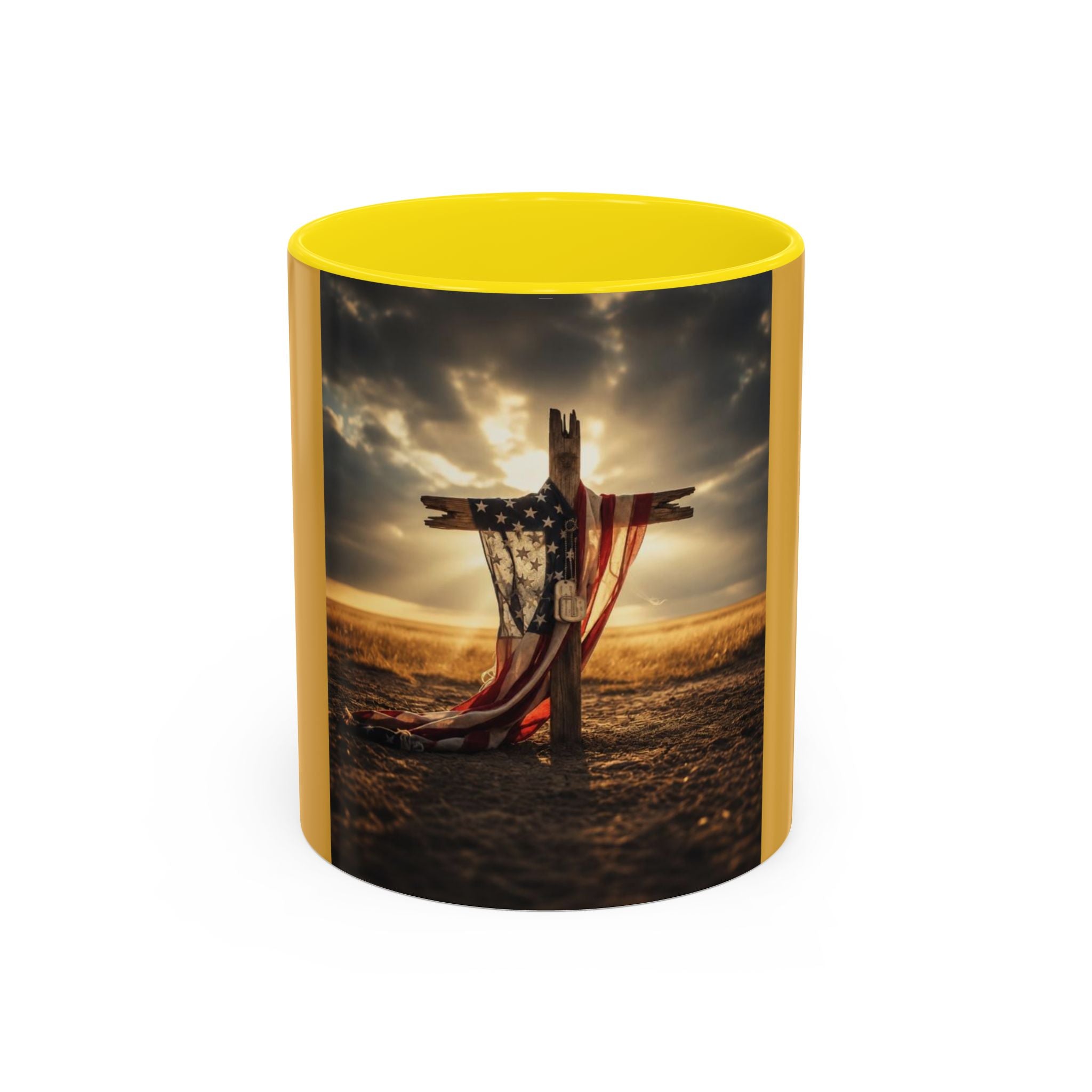 Patriotic Cross Coffee Mug — American Flag Sunrise Accent Mug (11/15oz)