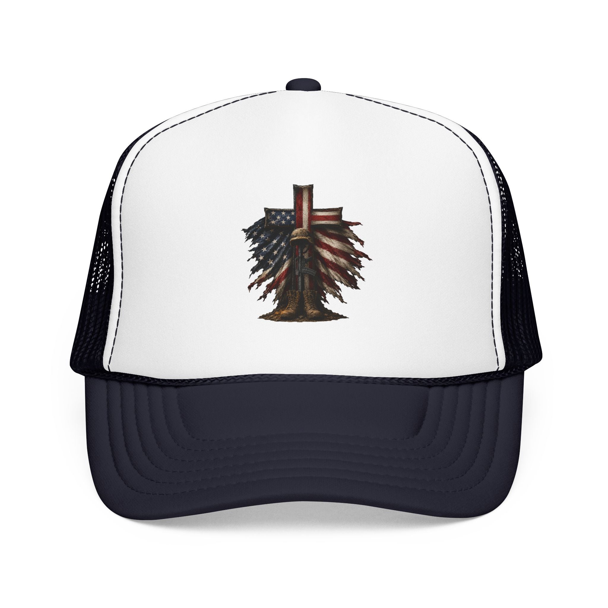 Patriotic Cross Trucker Hat — American Flag Feather Cross Foam Cap