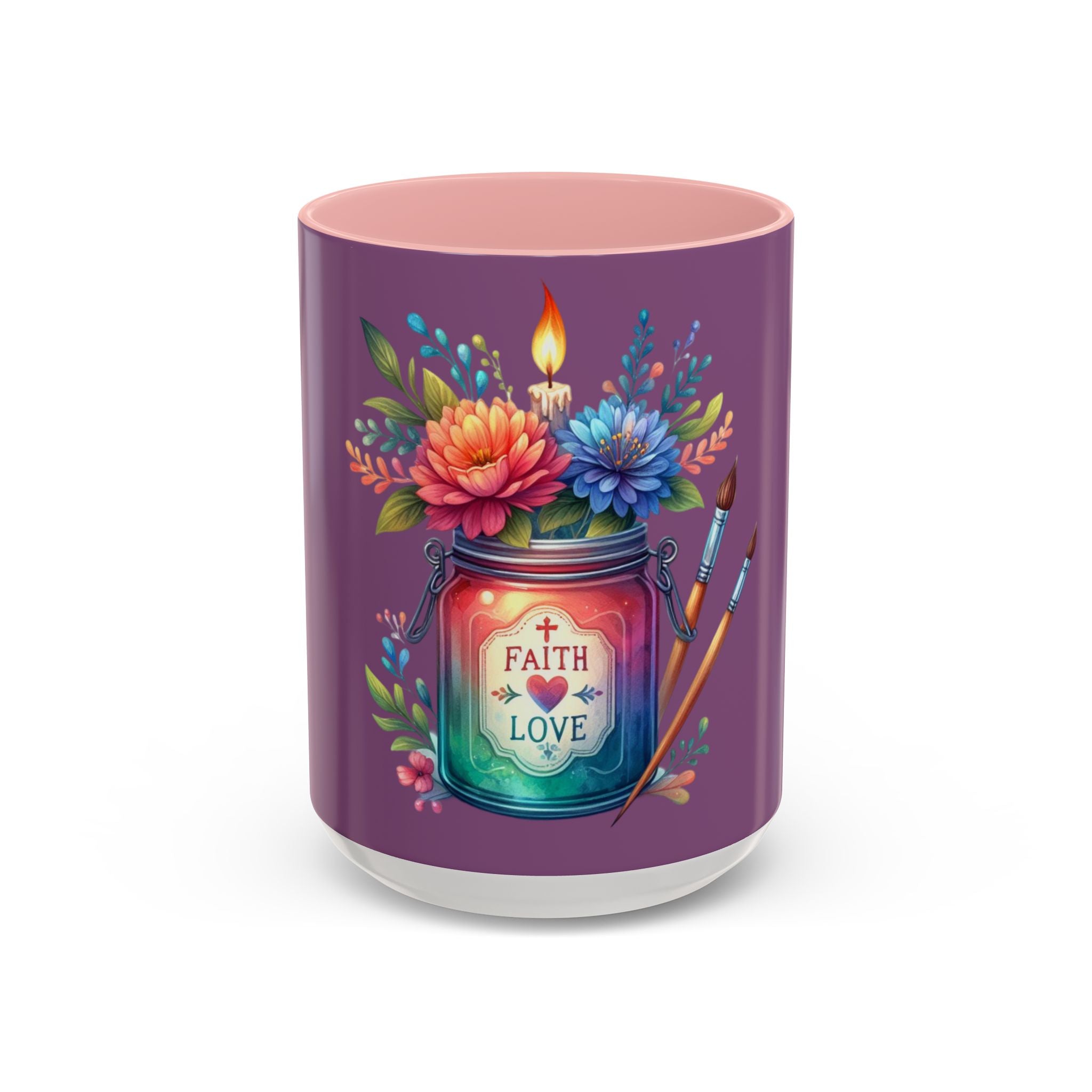 Faith & Love Floral Accent Coffee Mug — Colorful Candle Jar Design (11/15oz)