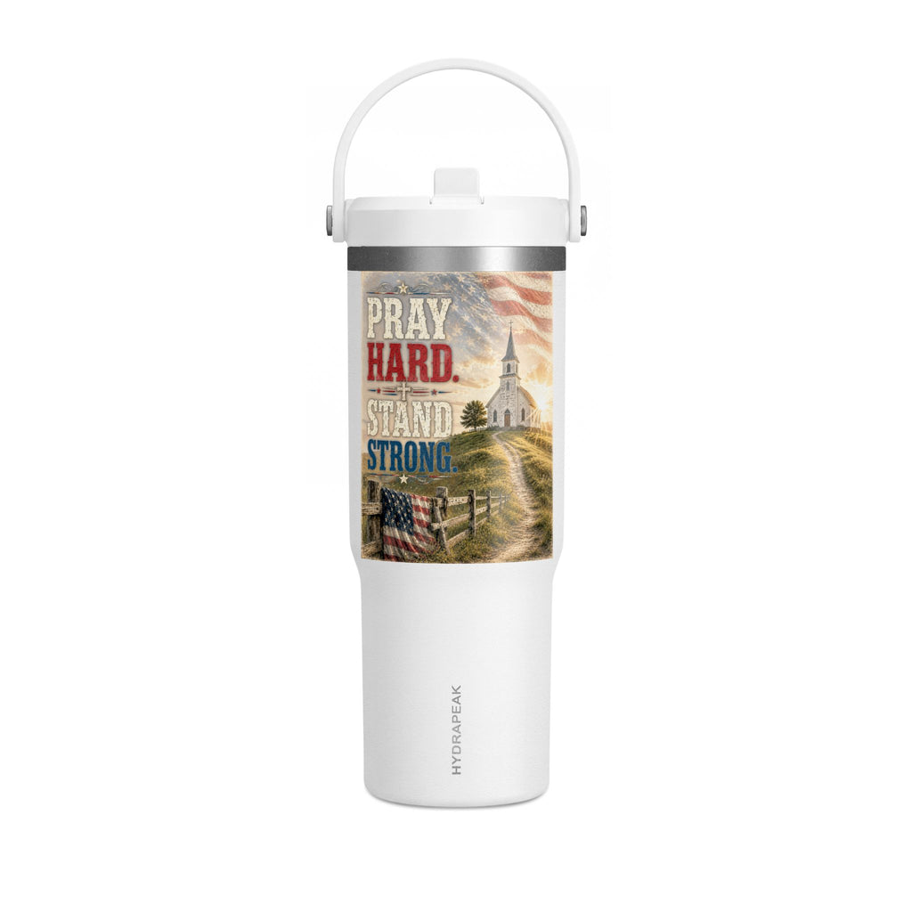 32oz Inspirational Tumbler - "Pray Hard. Stand Strong." Patriotic Travel Cup