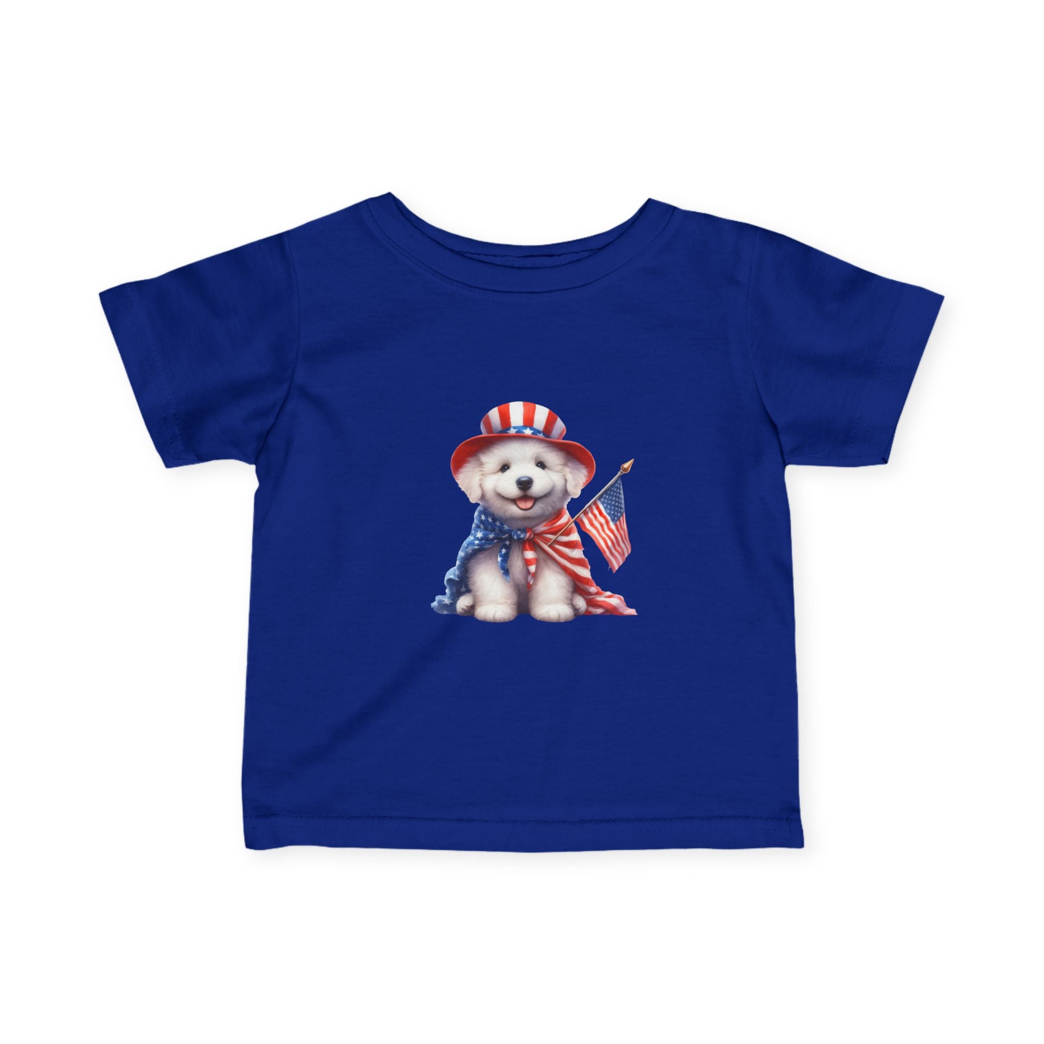 Infant Tee – Patriotic Puppy with American Flag (4th of July Baby Shirt)