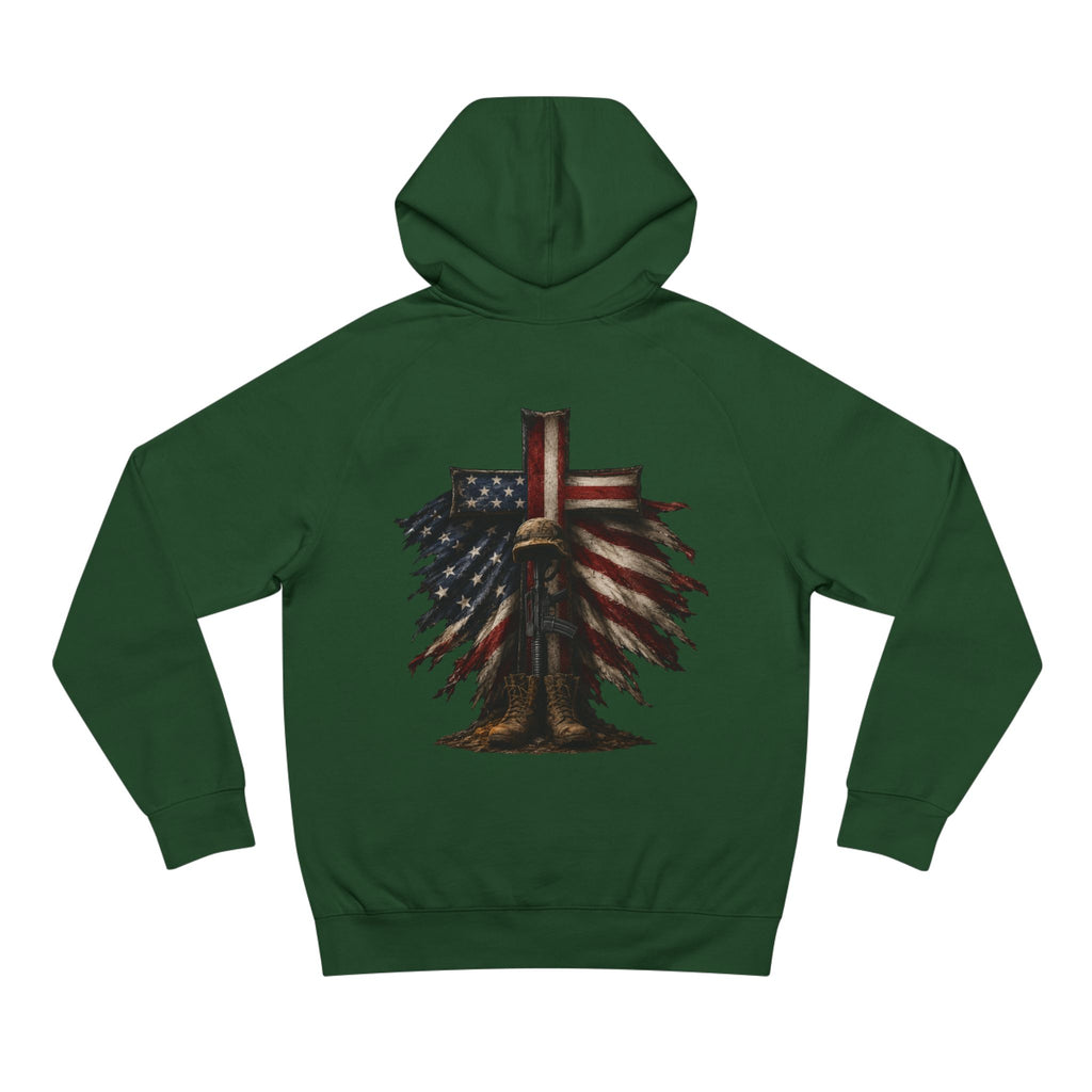 American Flag Cross Hoodie — Patriotic Skull & Wings Back Graphic