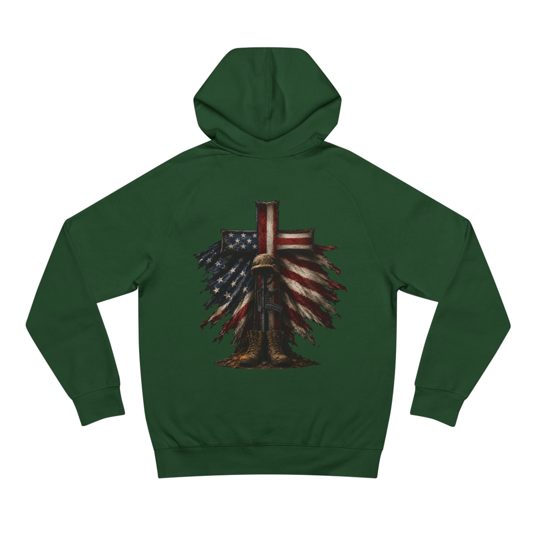 American Flag Cross Hoodie — Patriotic Skull & Wings Back Graphic