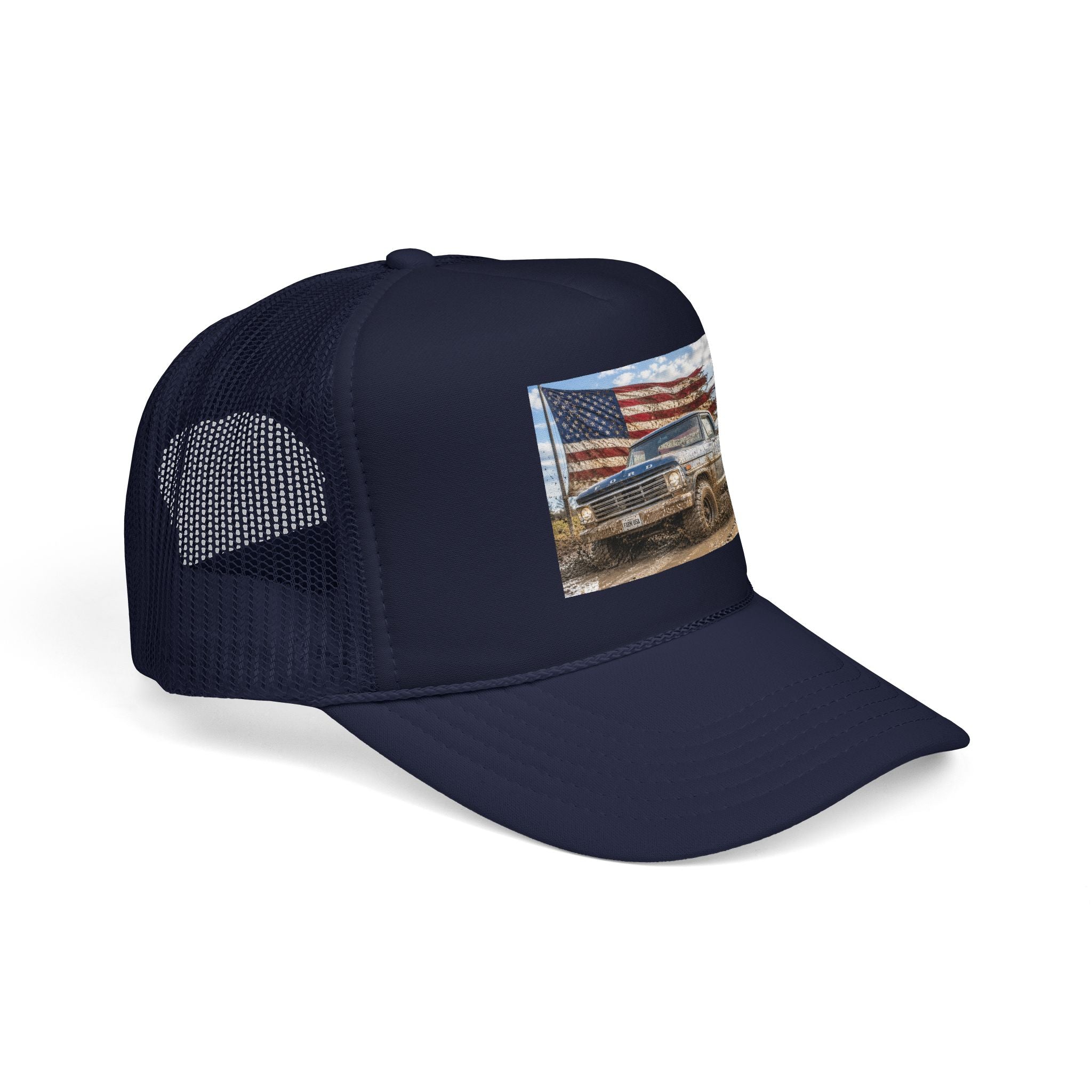 Patriotic Mud Truck Trucker Hat — American Flag Off-Road Foam Cap