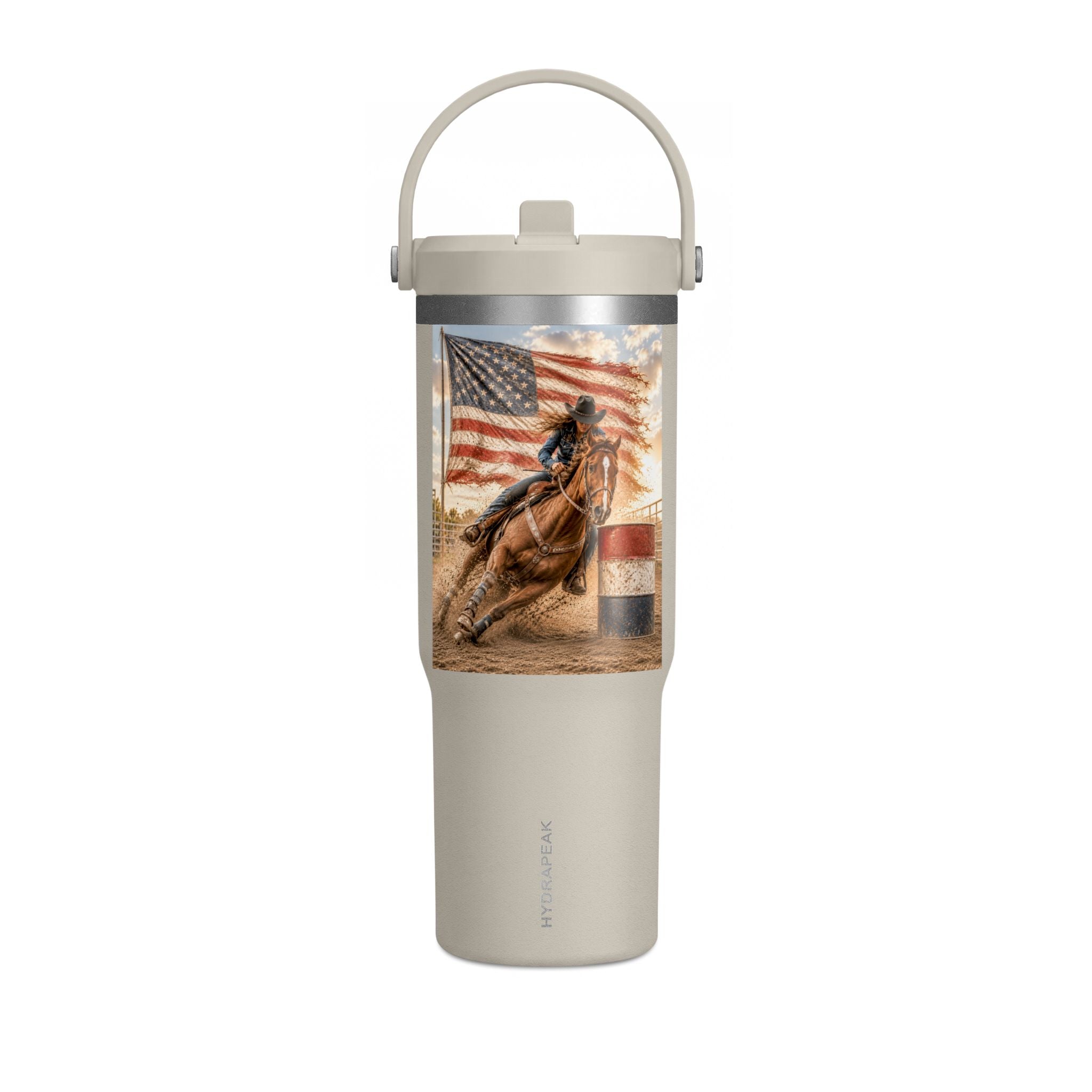 American Rodeo 32oz Tumbler – Horse Barrel Racing with Flag Design