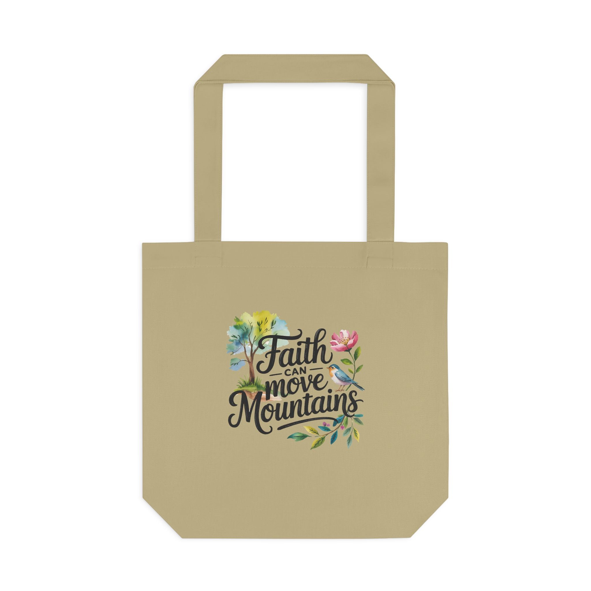 Faith Can Move Mountains Cotton Tote Bag – Floral Inspirational Grocery & Gift Tote