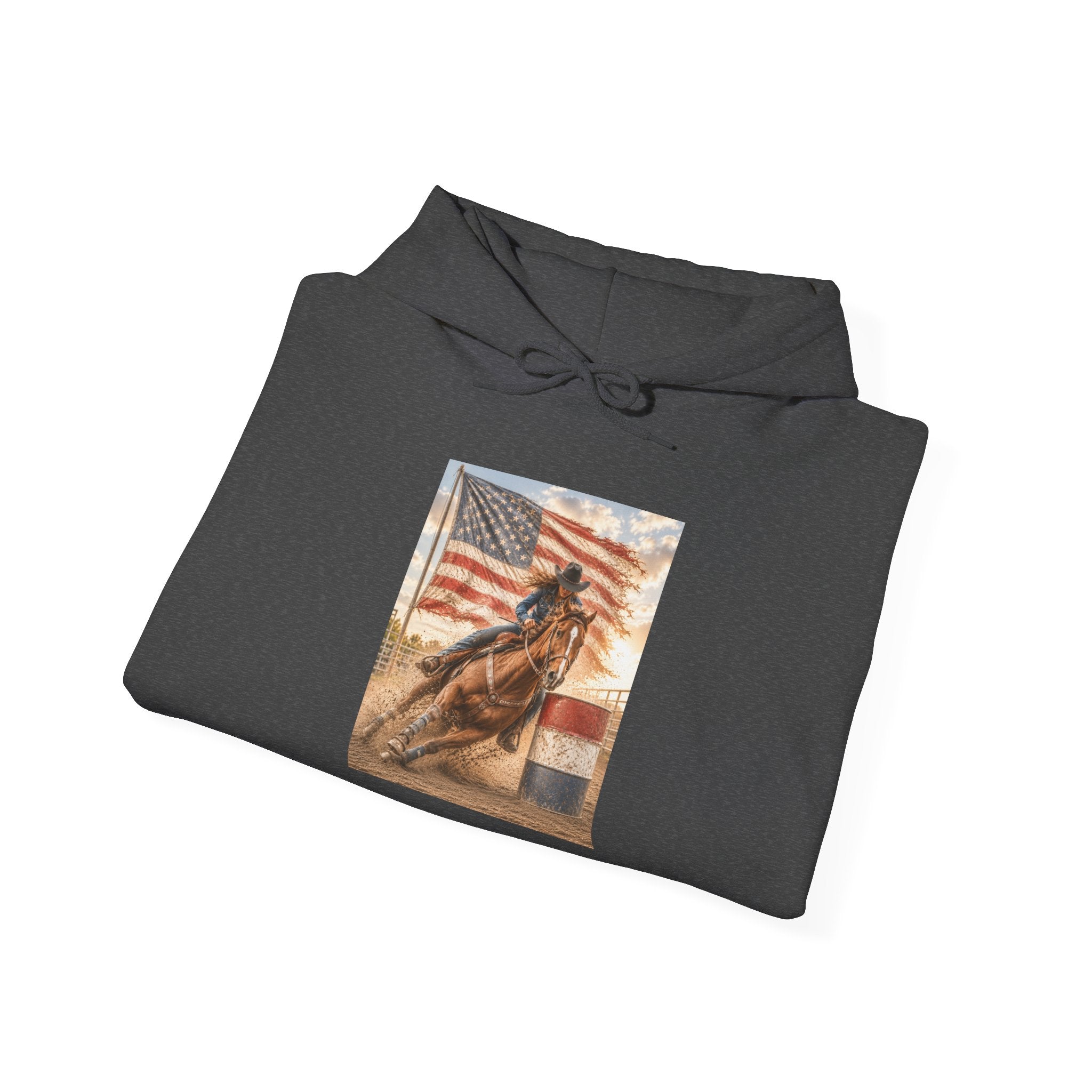 Patriotic Rodeo Horse Hoodie – American Flag Cowboy Pulled by Horse Pullover