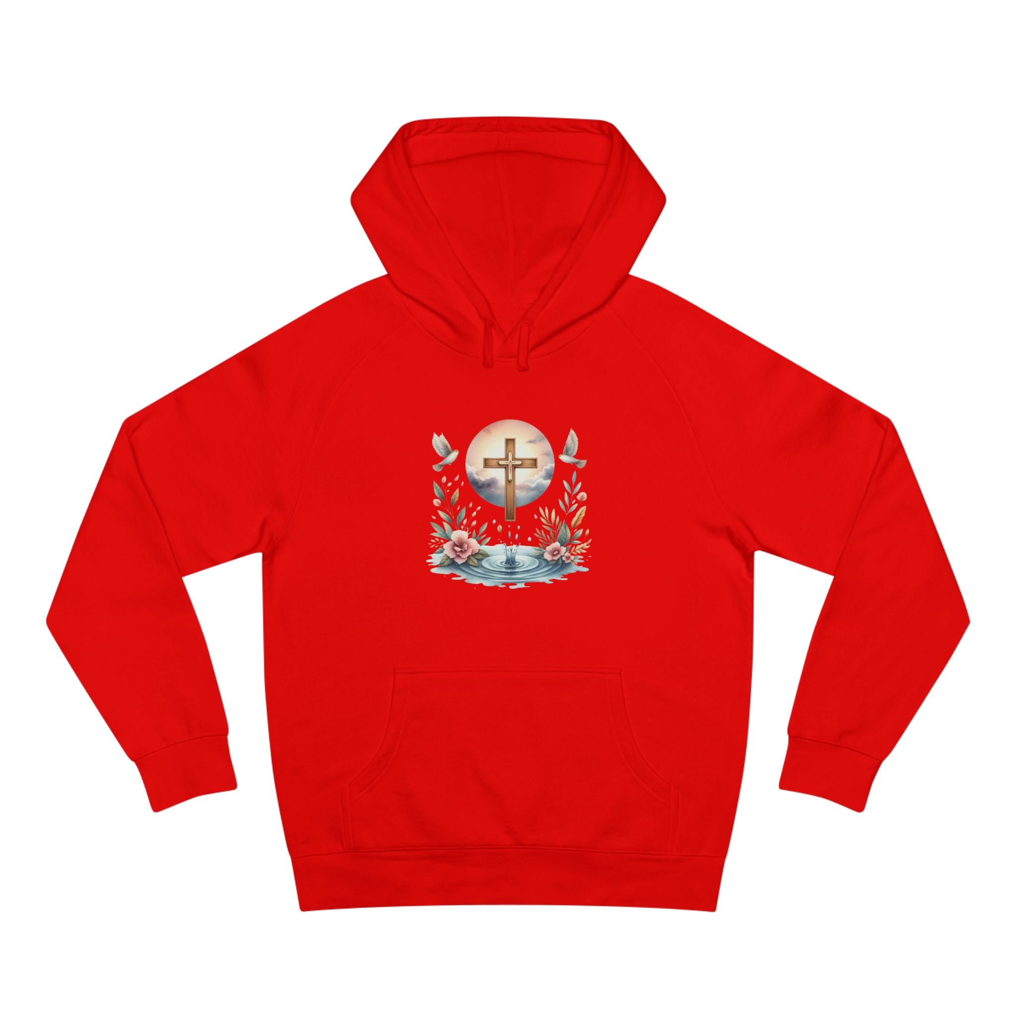 Christian Cross Floral Hoodie – Faith, Doves & Water Illustration