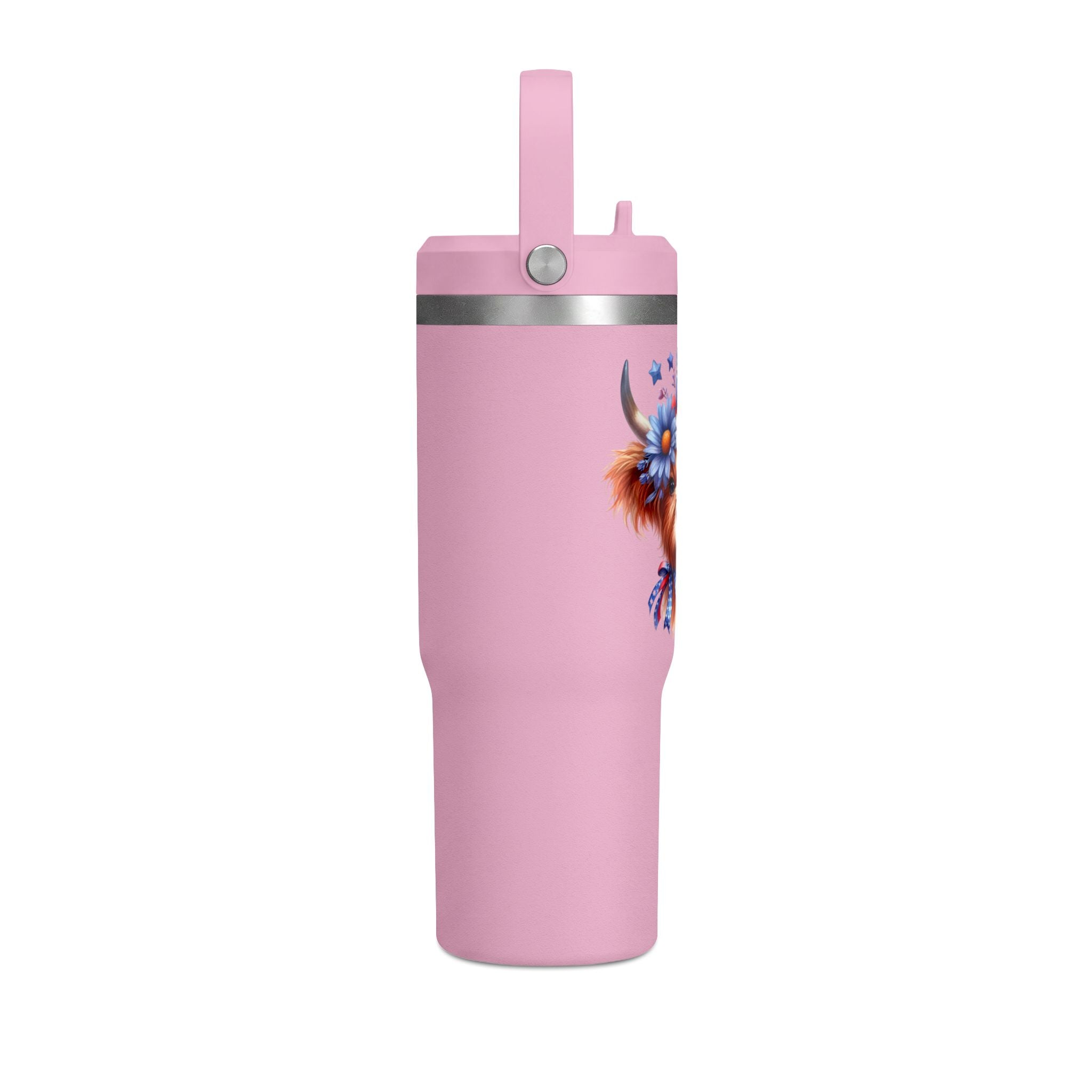 Patriotic Highland Cow 32oz Tumbler – Insulated Travel Mug with American Flag Floral Design