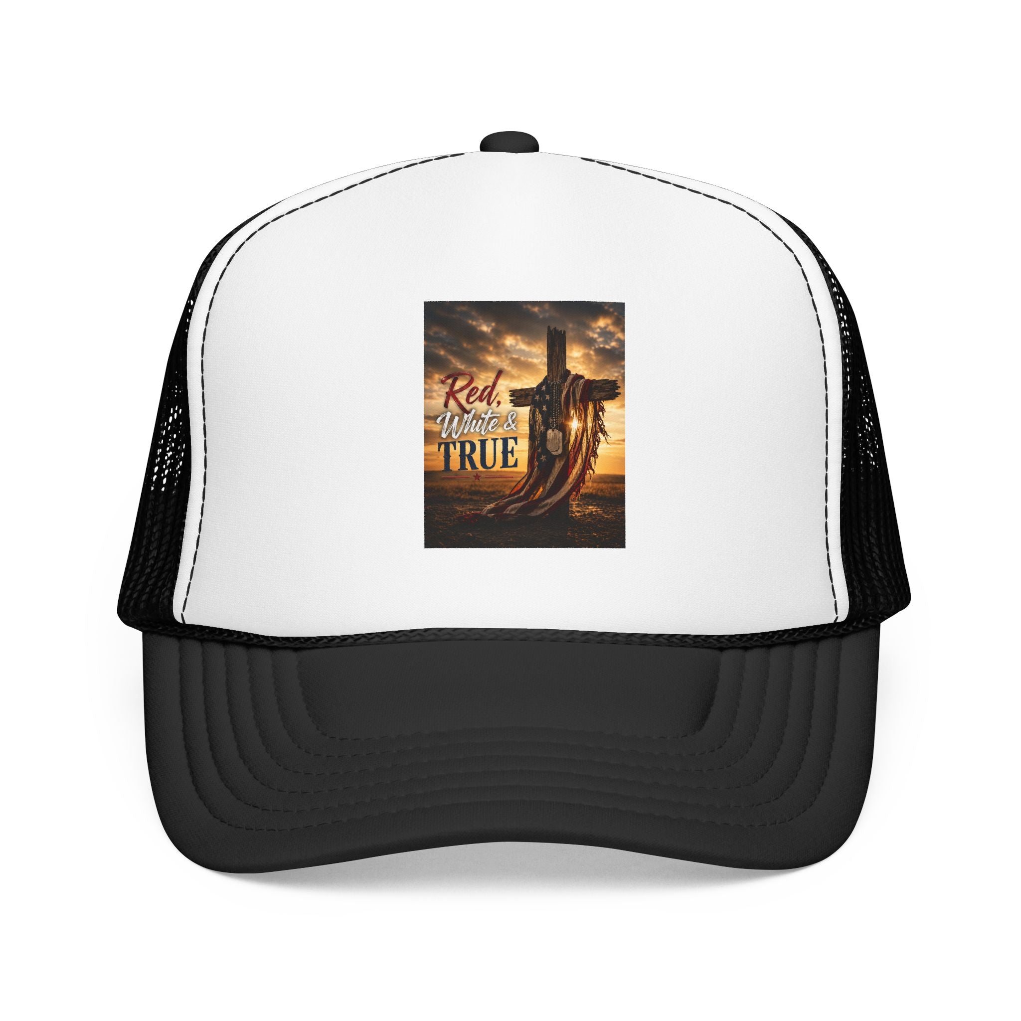Trucker Hat — "God Made A Farmer" Cross Sunset Foam Trucker Hat