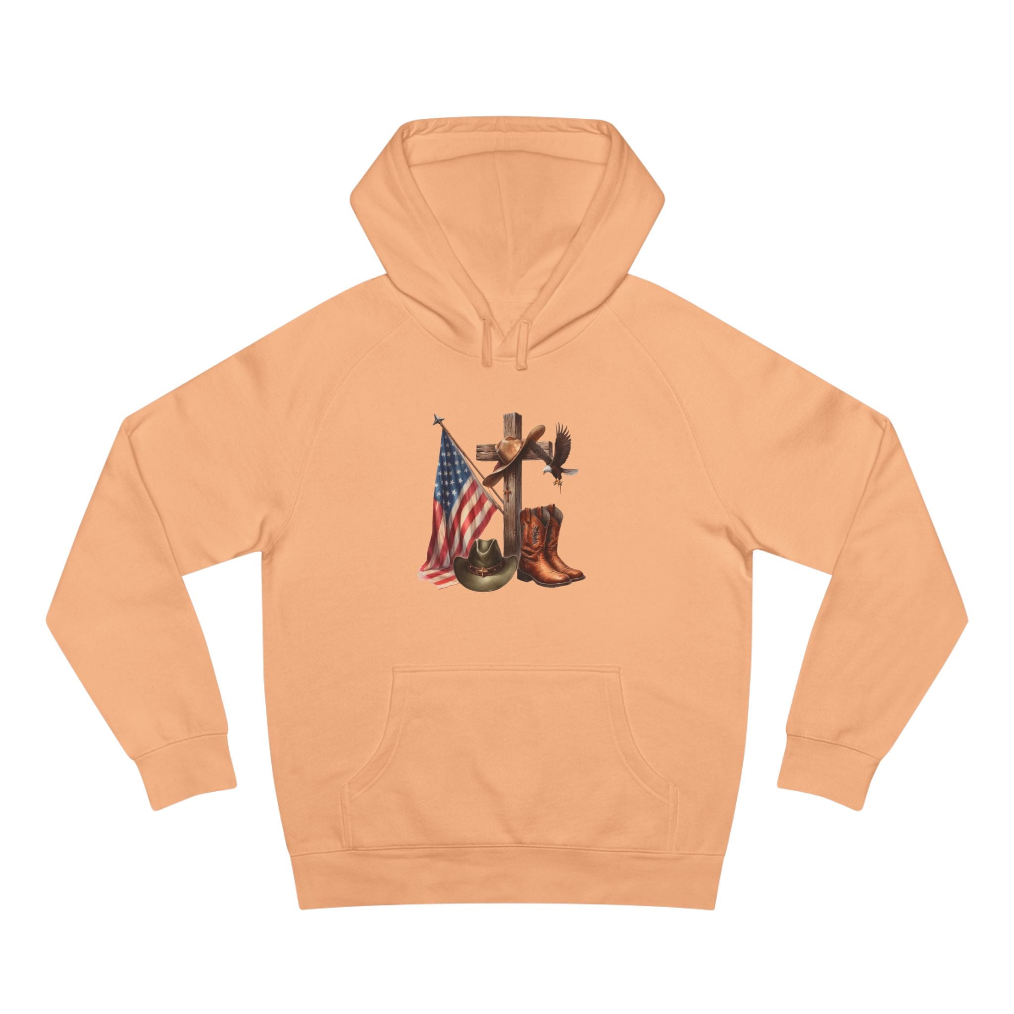 Patriotic Western Hoodie – American Flag, Cowboy Boots & Cross Graphic