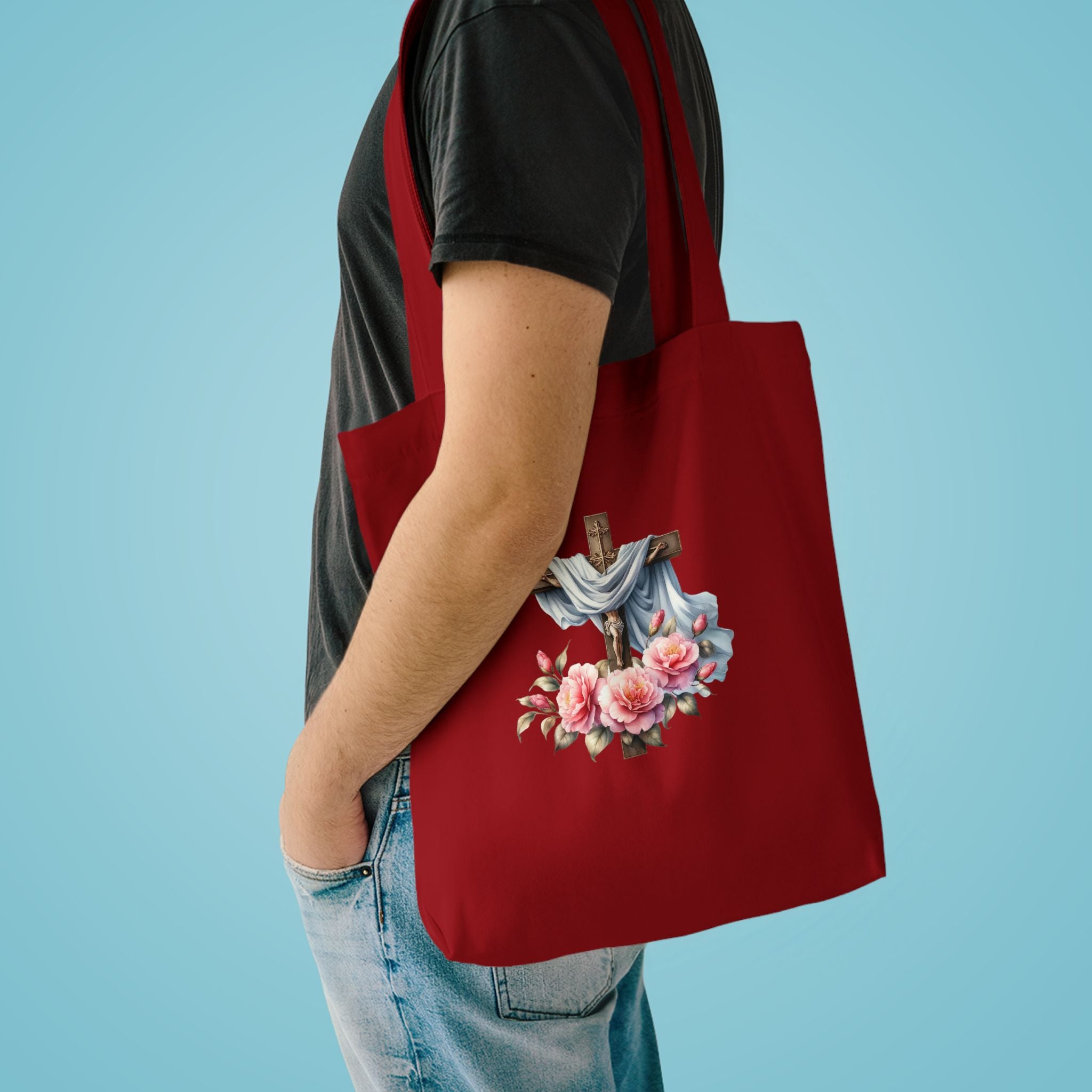 Religious Cross & Roses Cotton Tote Bag — Faith Floral Market Bag