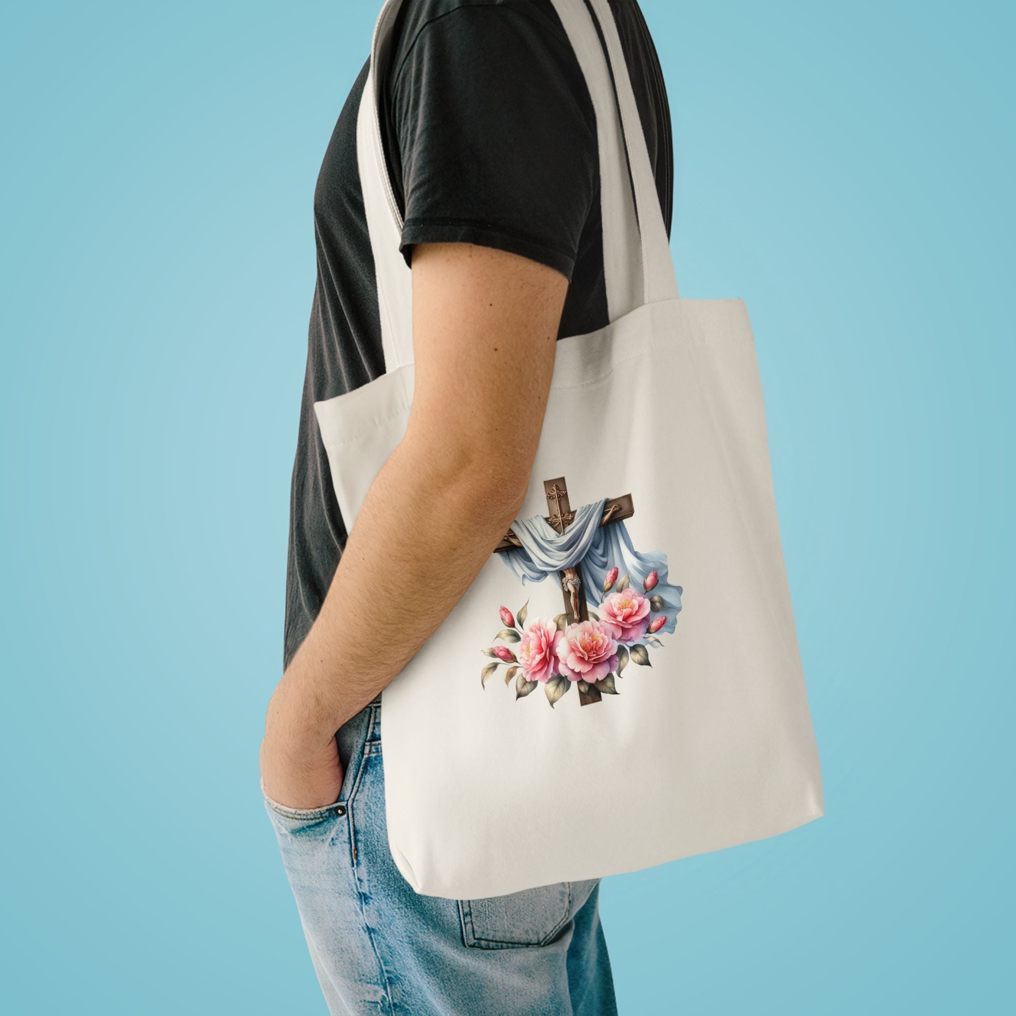 Religious Cross & Roses Cotton Tote Bag — Faith Floral Market Bag
