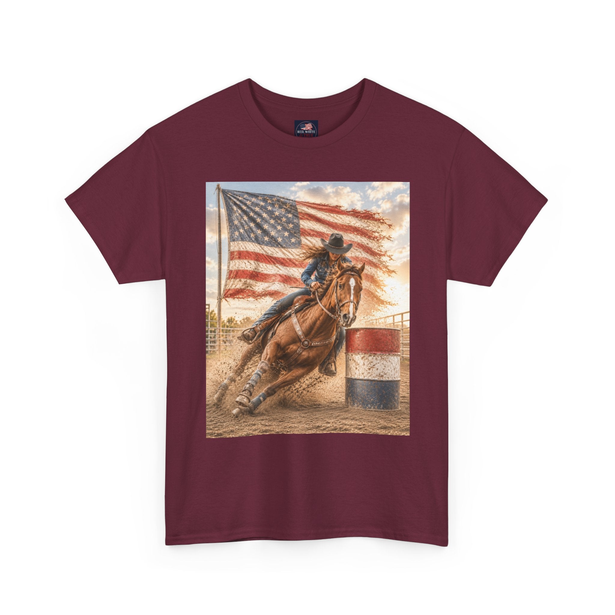 Patriotic Rodeo Barrel Racer T-Shirt — American Flag Horse Racing Tee