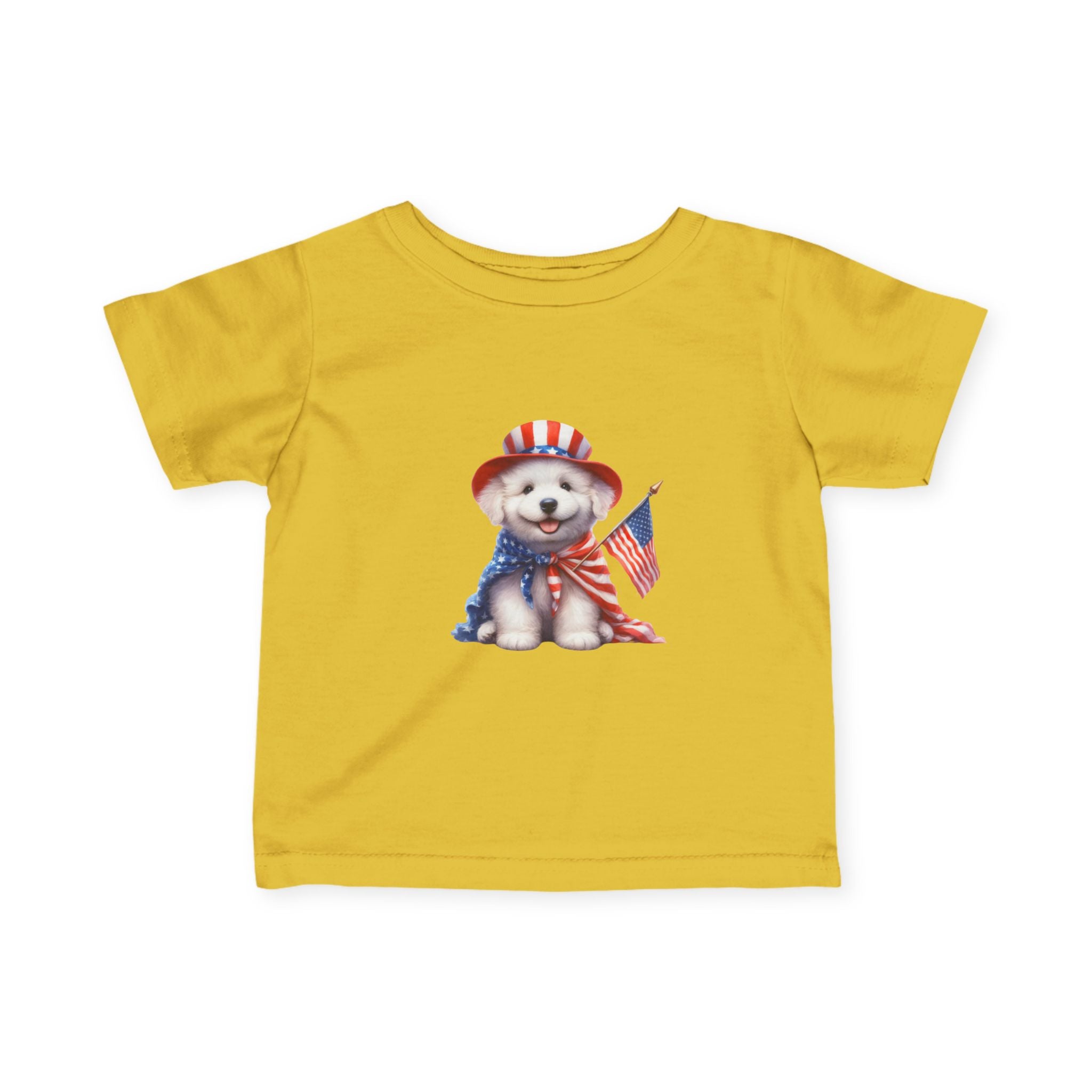 Infant Tee – Patriotic Puppy with American Flag (4th of July Baby Shirt)