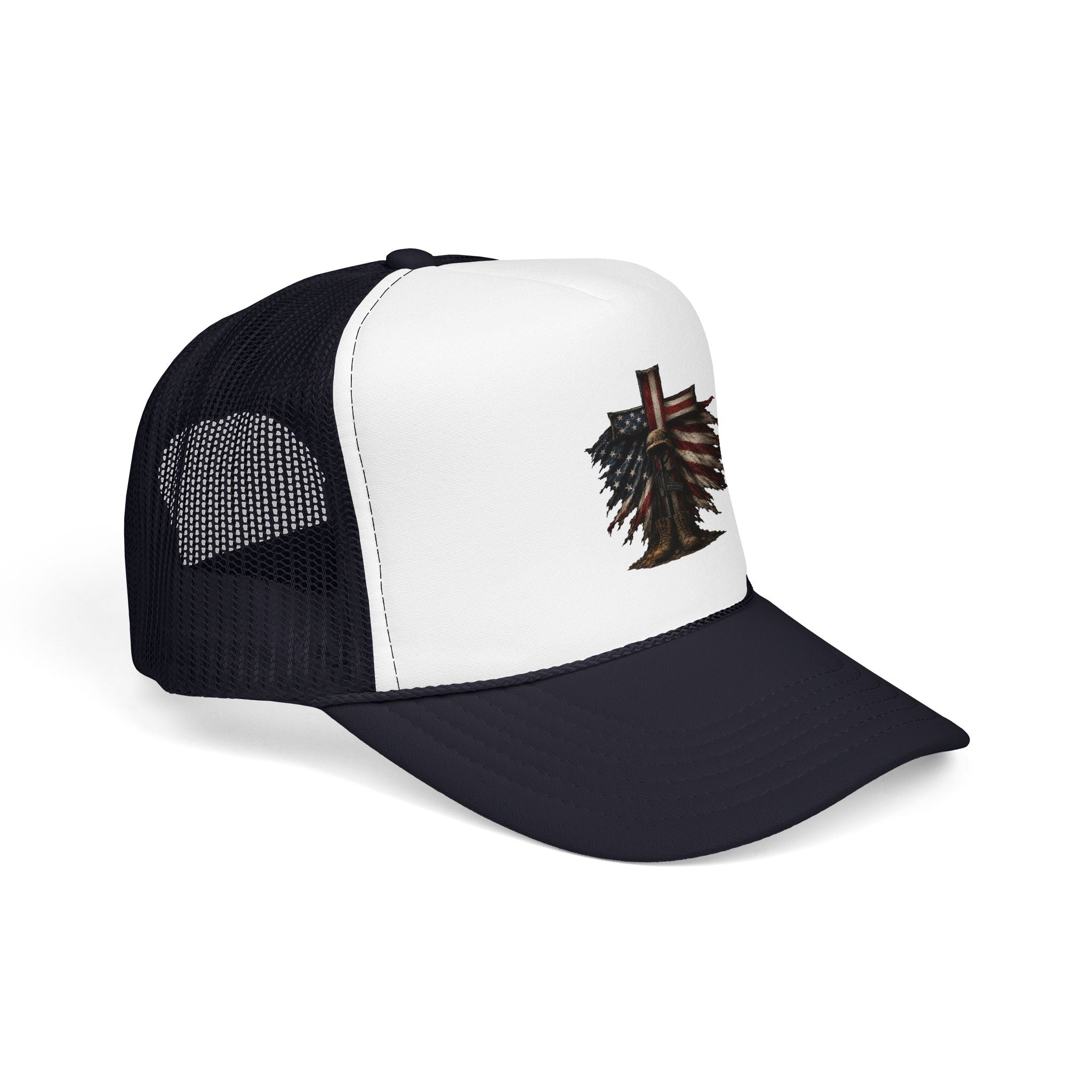 Patriotic Cross Trucker Hat — American Flag Feather Cross Foam Cap