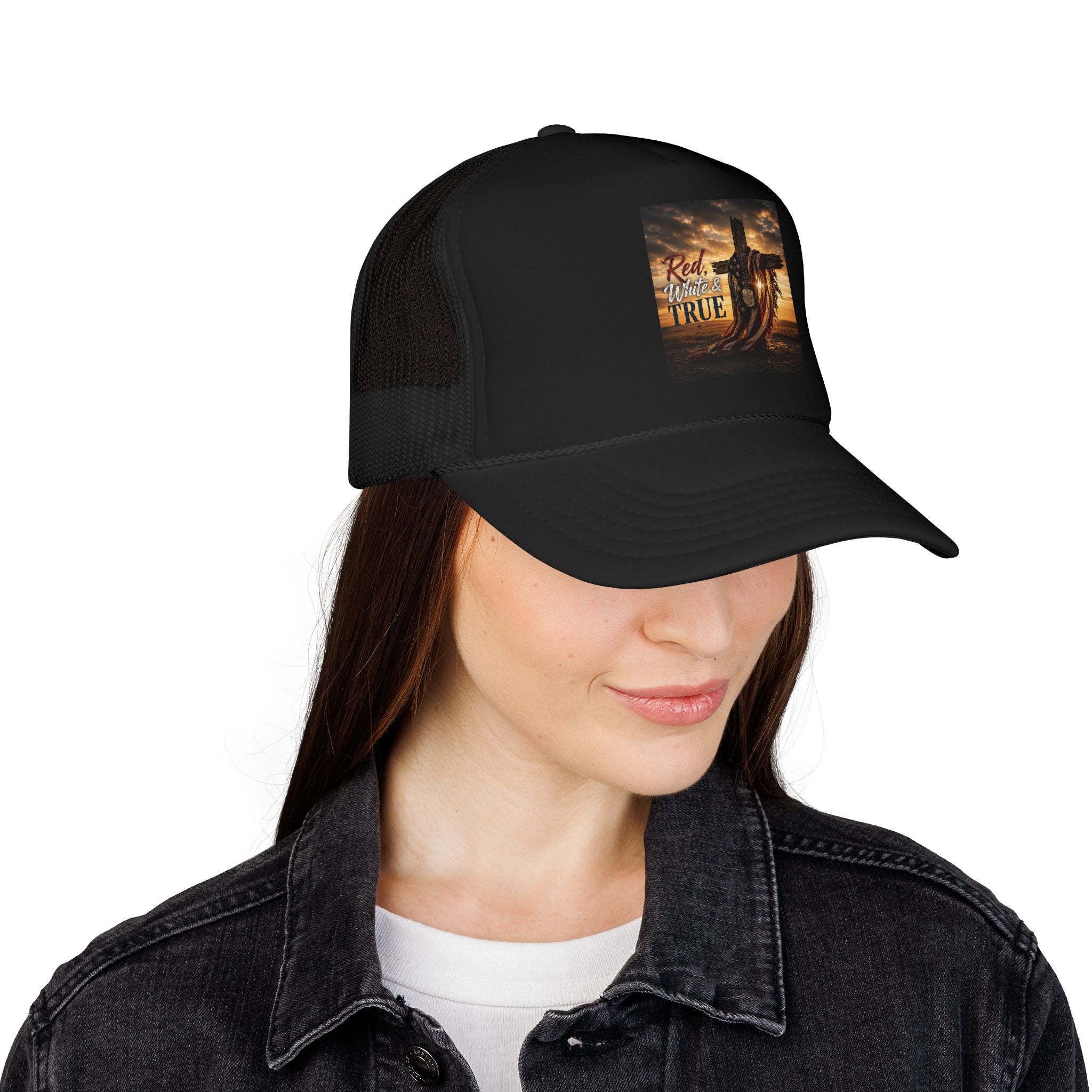 Trucker Hat — "God Made A Farmer" Cross Sunset Foam Trucker Hat