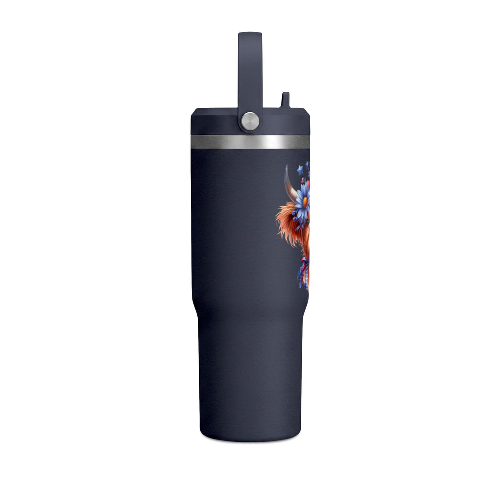 Patriotic Highland Cow 32oz Tumbler – Insulated Travel Mug with American Flag Floral Design