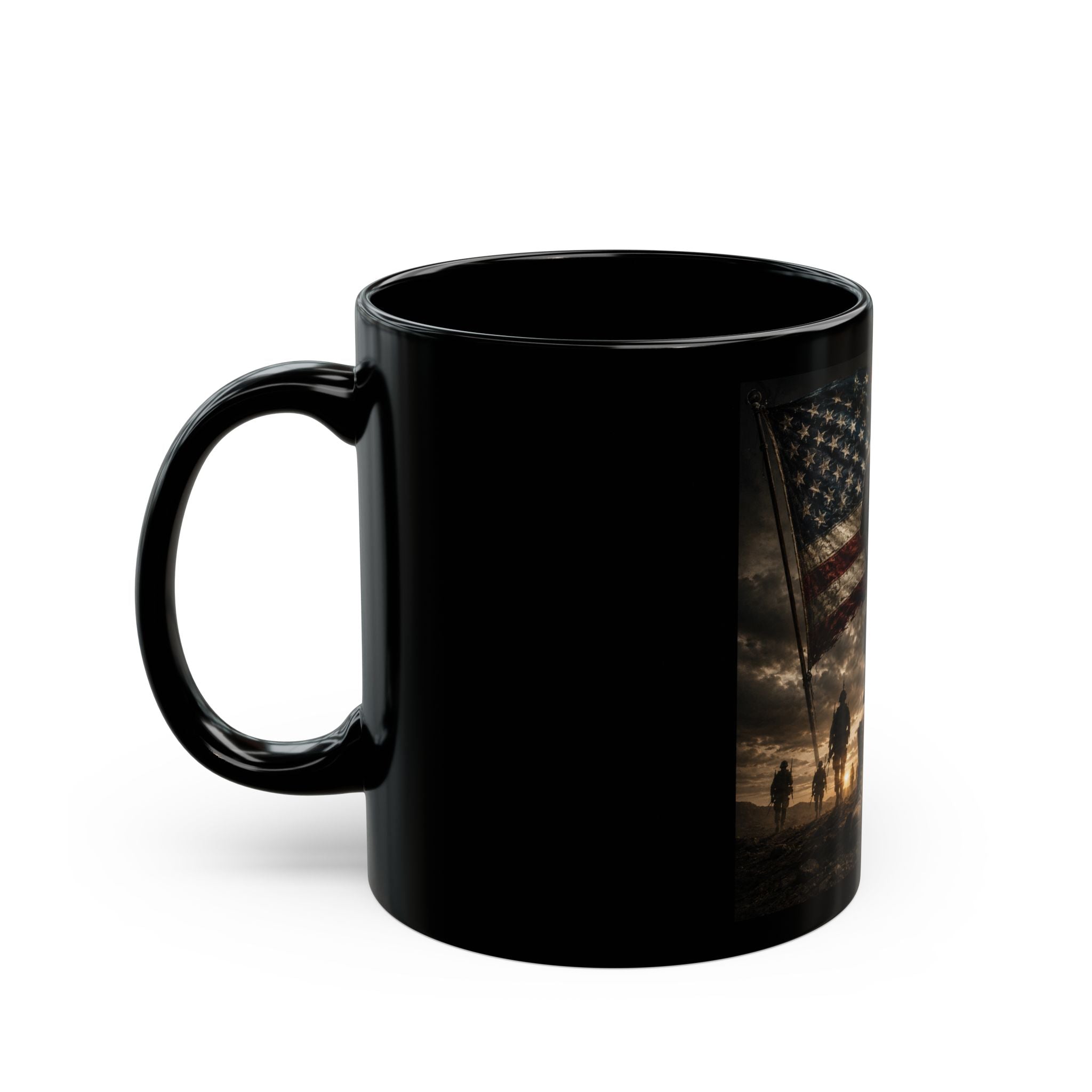 Freedom Isn't Free Black Mug — Military Tribute Coffee Cup, American Flag & Battlefield Memorial (11oz/15oz)