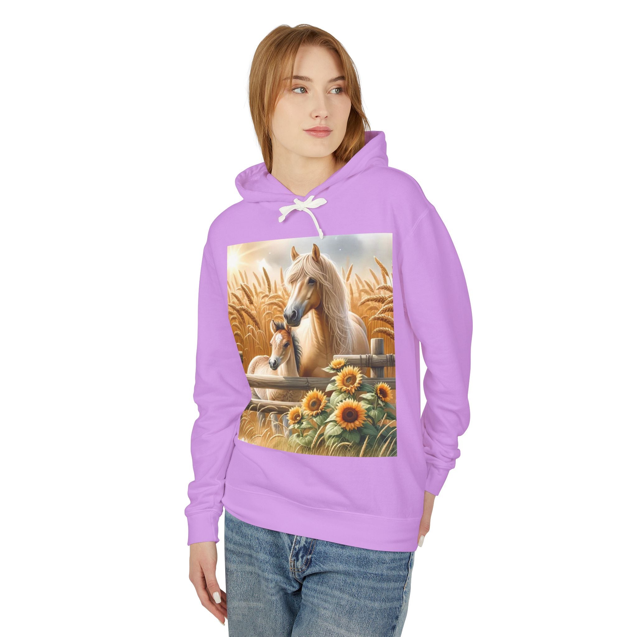 Horse & Foal Sunflower Hoodie — Pastel Farm Animal Sweatshirt
