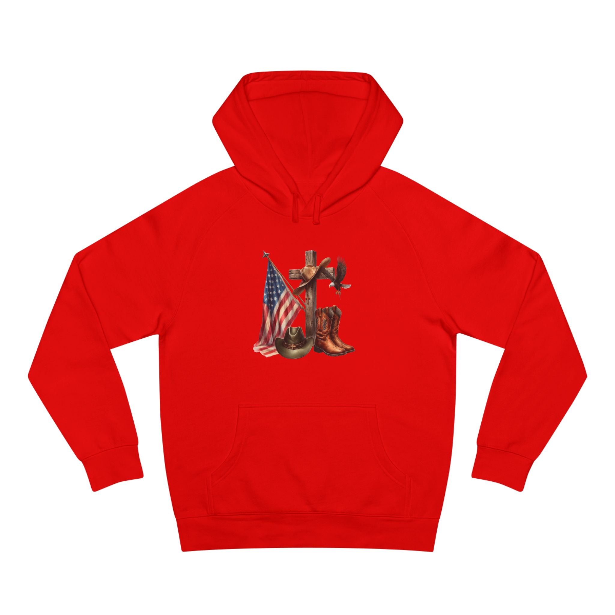 Patriotic Western Hoodie – American Flag, Cowboy Boots & Cross Graphic