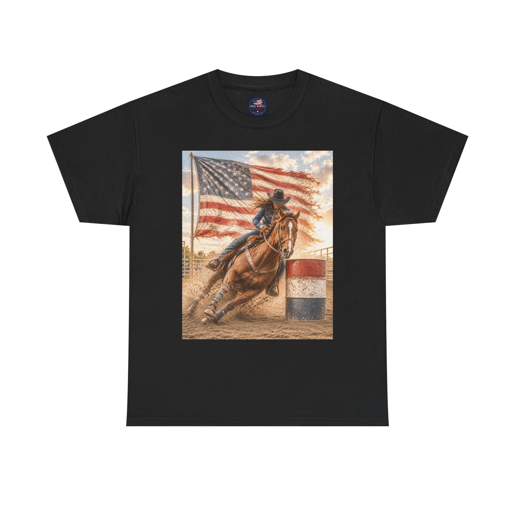 Patriotic Rodeo Barrel Racer T-Shirt — American Flag Horse Racing Tee