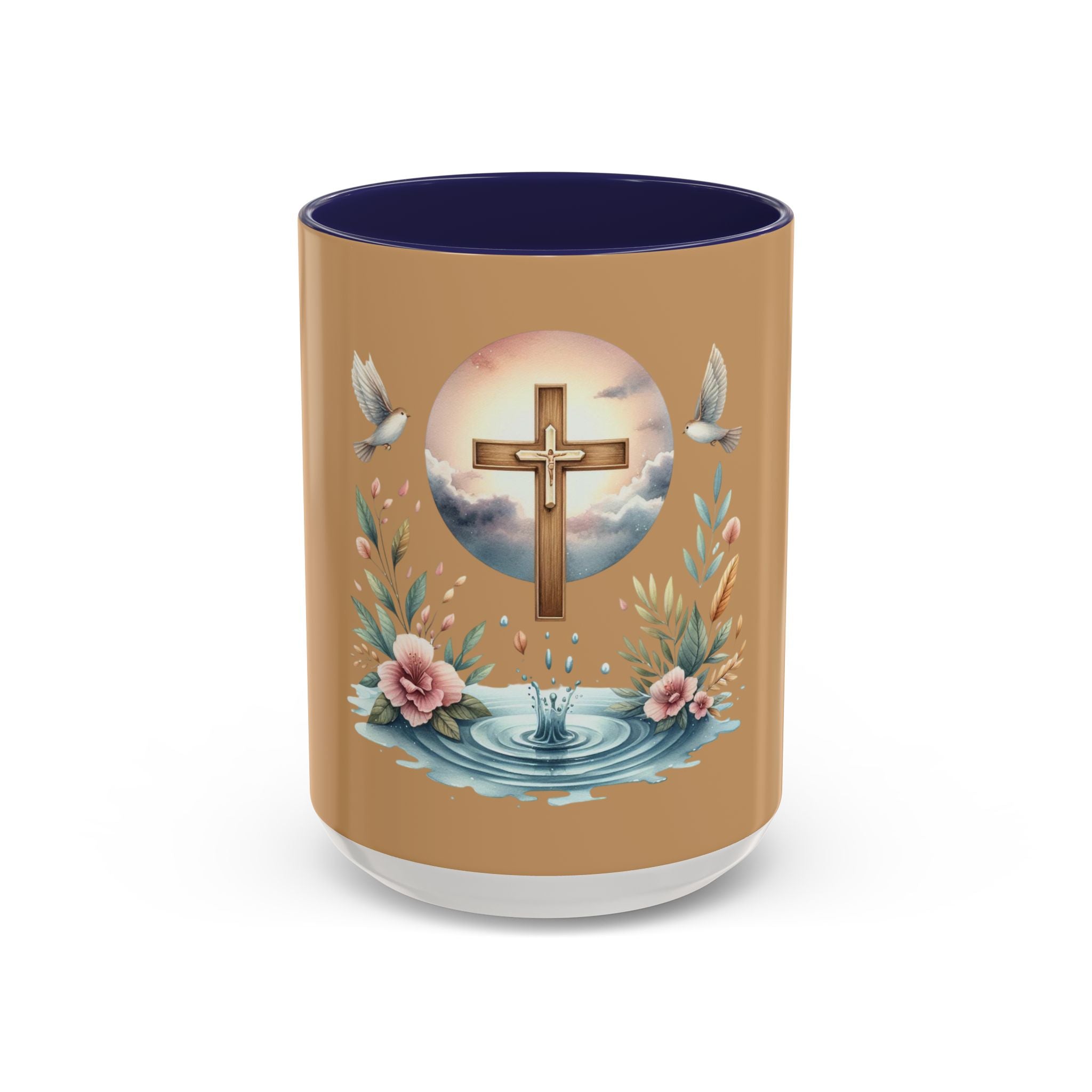 Christian Cross Accent Coffee Mug — Faith, Doves & Floral Baptism Gift (11/15oz)